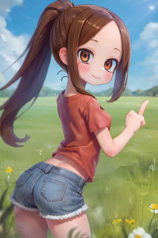 1girl, takagisan, , brown eyes, brown hair, ponytail, forehead, t-shirt, short shorts, smile, , SHE IS SHOWING HER ASS,  grass field, day 