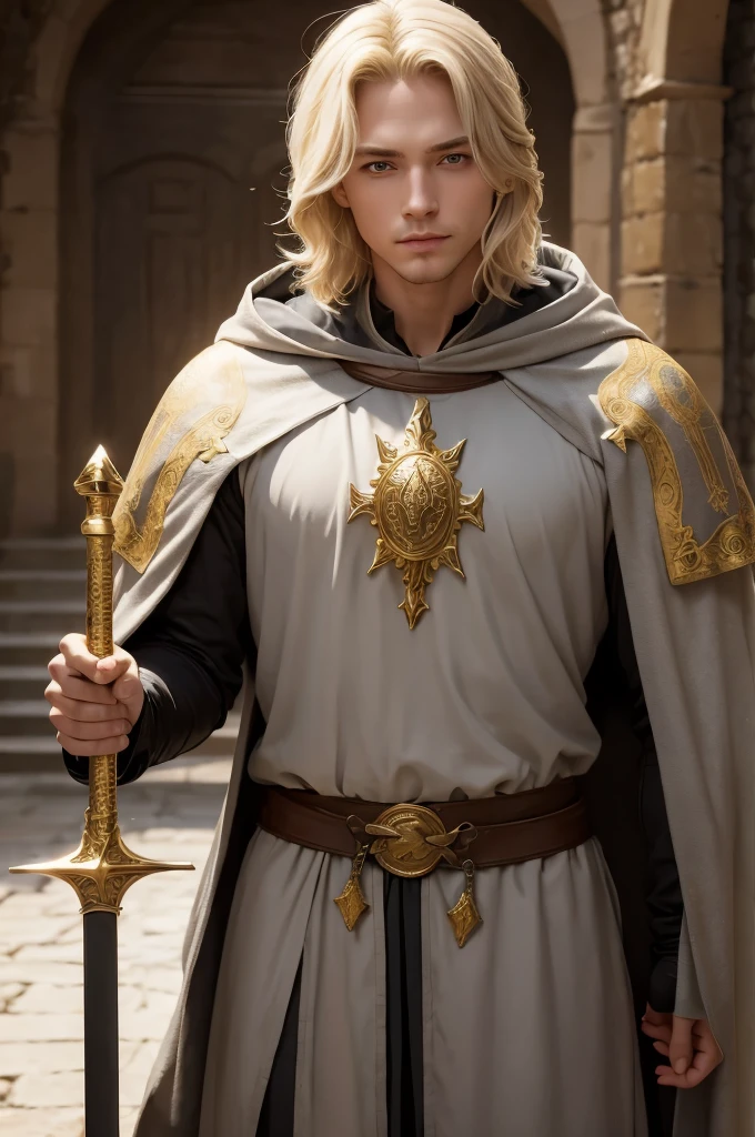 Medieval man with gray cloak, holding a sword with golden shine. This man has medium blond hair and his eyes shine golden like the sun, seu cabelo é bem curto e loiro, sua espada possui laminas douradas, e seus olhos com tom de vermelho como fogo.