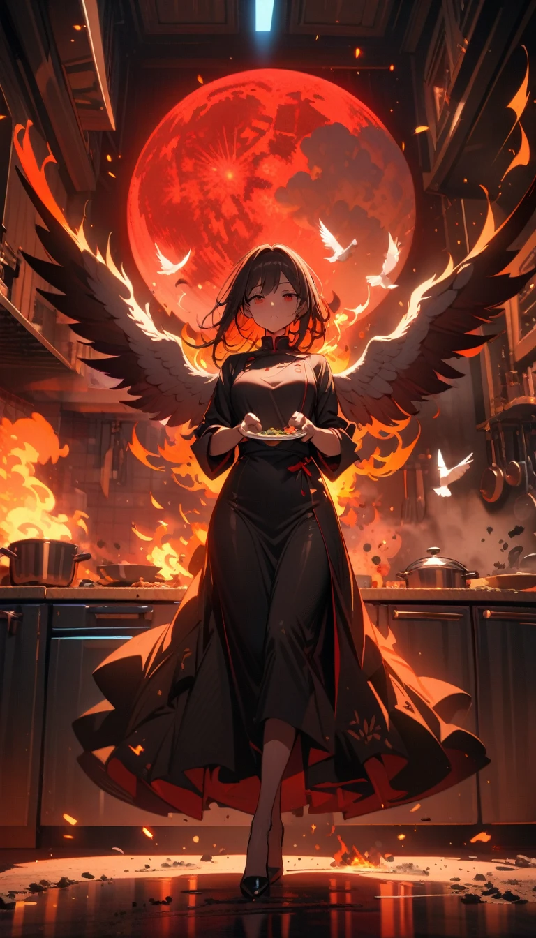 ((best quality)) , ((masterpiece)) , (detailed)，1 female，beautiful detailed glow, floating ashes, beautiful and detailed explosion, red moon, fire, fire cloud, wings on fire, a cloudy sky, smoke of gunpowder, burning, black dress, dove of peace, (floating cloud:1.2)，((kitchen))，Female chef，High heel，((whole body))