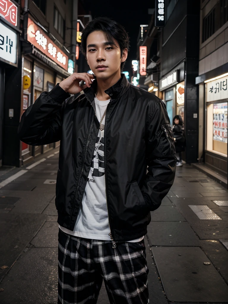 A boy/Very handsome 27-year-old Korean man with black hair and wearing a black jacket and a white checkered shirt posing on a street in Seoul at night, beautiful and realistic and masculine and look tough