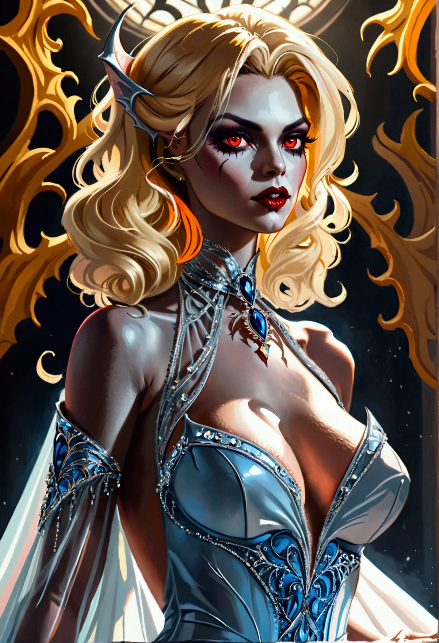 a glamour picture shot,  ((full body: 1.5) of an elite vampire model, walking on a (dark catwalk: 1.2), an extraordinary glamourous elite female vampire model, ((full body: 1.5)),  ((anatomically correct: 1.5), (ultra detailed face: 1.2), best detailed face, blond hair, long hair, lush hair, red eyes, delicate face, light make up, wearing intricate blue detailed dress, glamour dress, haute couture dress, elite fashion dress, white dress, decorated with diamonds,  small cleavage, wearing high heels, elegant high heels, she wears diamond necklace, elite fashion show background, vibrant, Hyperrealism style, vibrant, Ultra-high resolution, High Contrast, (masterpiece:1.5), highest quality, Best aesthetics), best details, best quality, highres, ultra wide angle, 16k, [ultra detailed], masterpiece, best quality, (extremely detailed) RAW, chumbasket art style, rpg portrait, photograph, BloodSoakedAI, vampire teeth