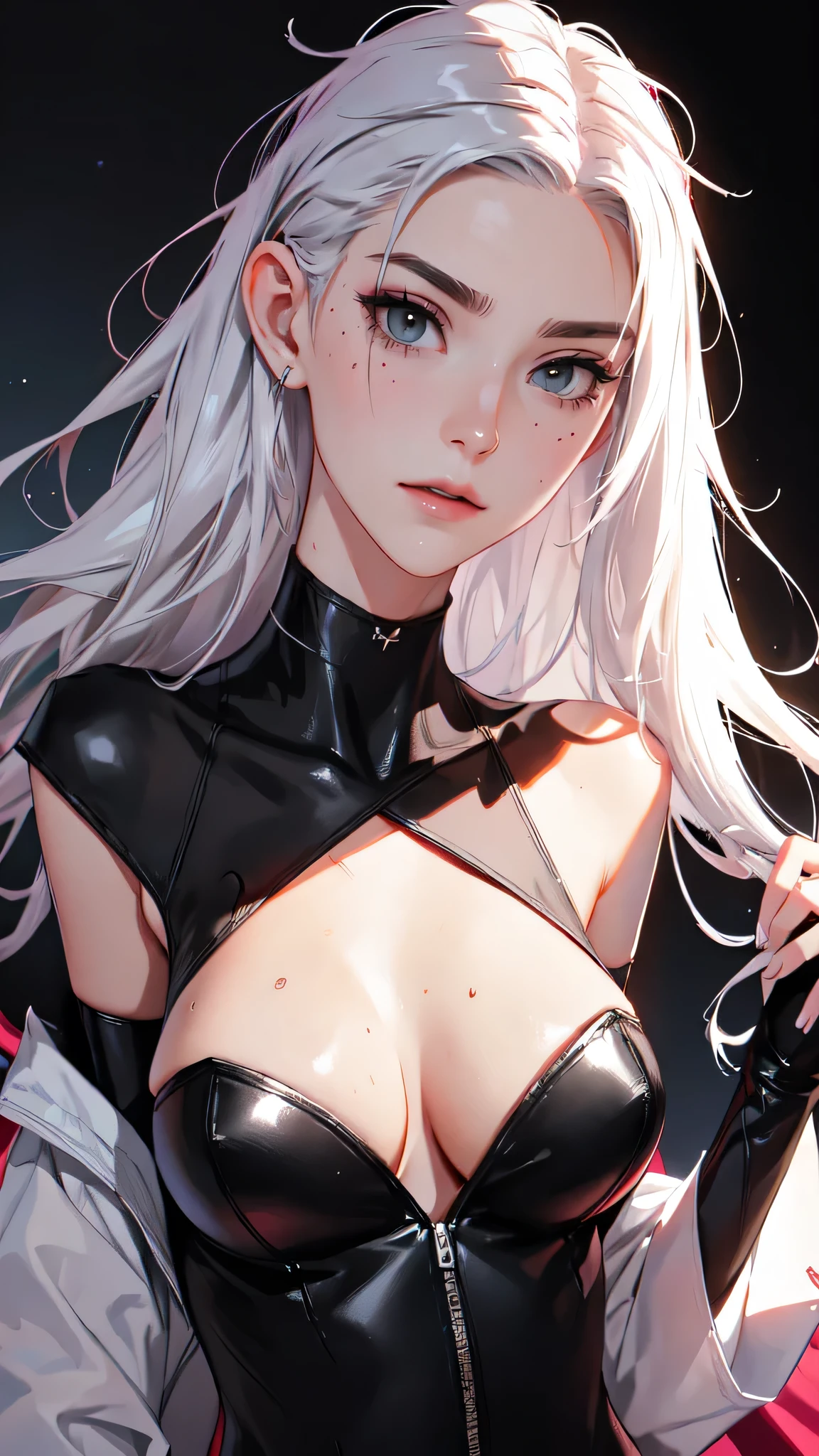 (lifelike, high - resolution:1.3), 1 girl with a perfect body,slender body, Super fine face and eyes,assasin, dark makeup, shiny skin,white hair, sexy black bodysuit, Expose cleavage, extravagant makeup, pink eyeshadow, dark makeup
