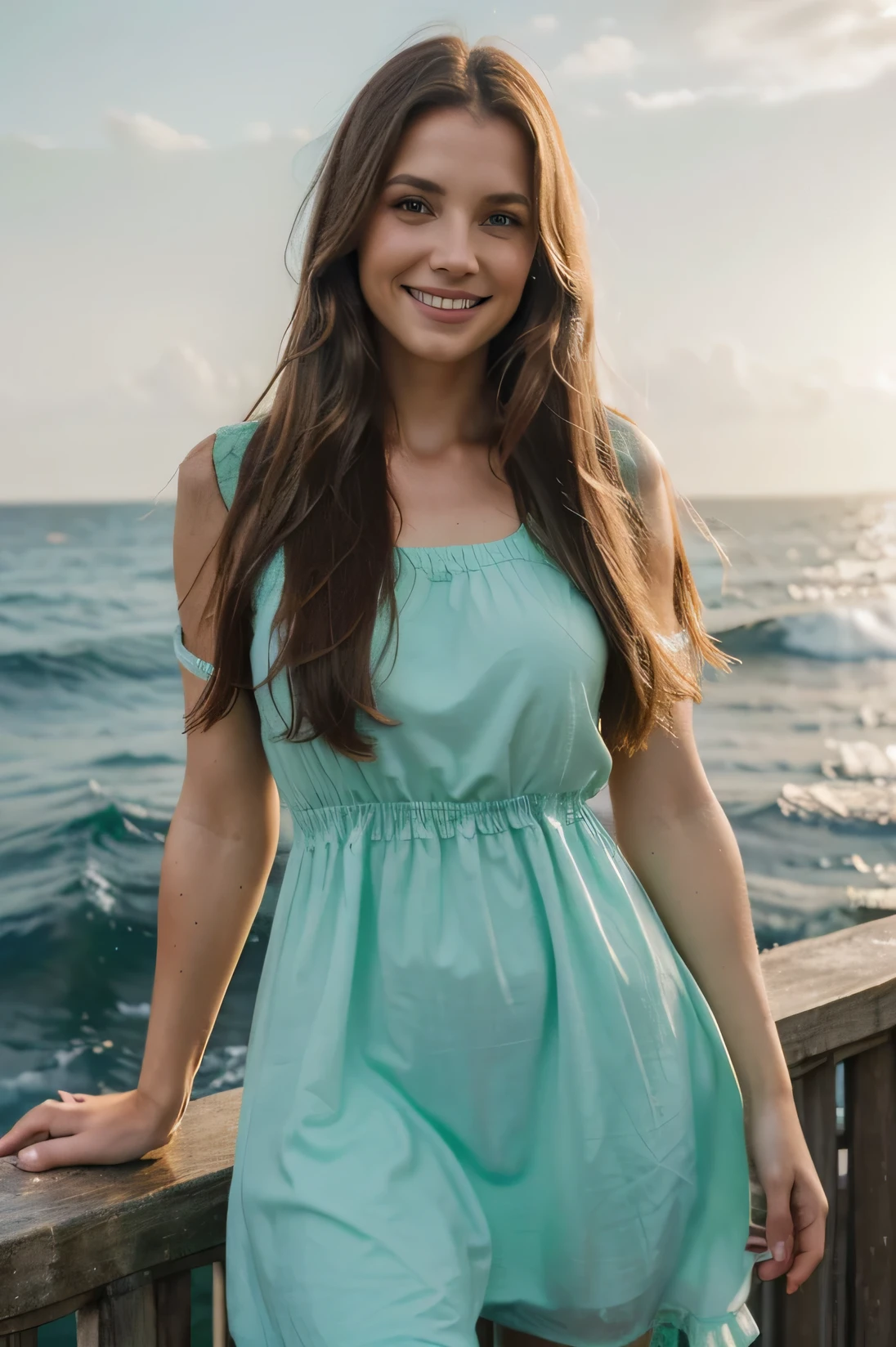 a 28 year old woman, long straight brown hair, bright green eyes, realistic, photorealistic, HDR, smiling to the front, spontaneous, wearing a light dress, at the background the sea blurred