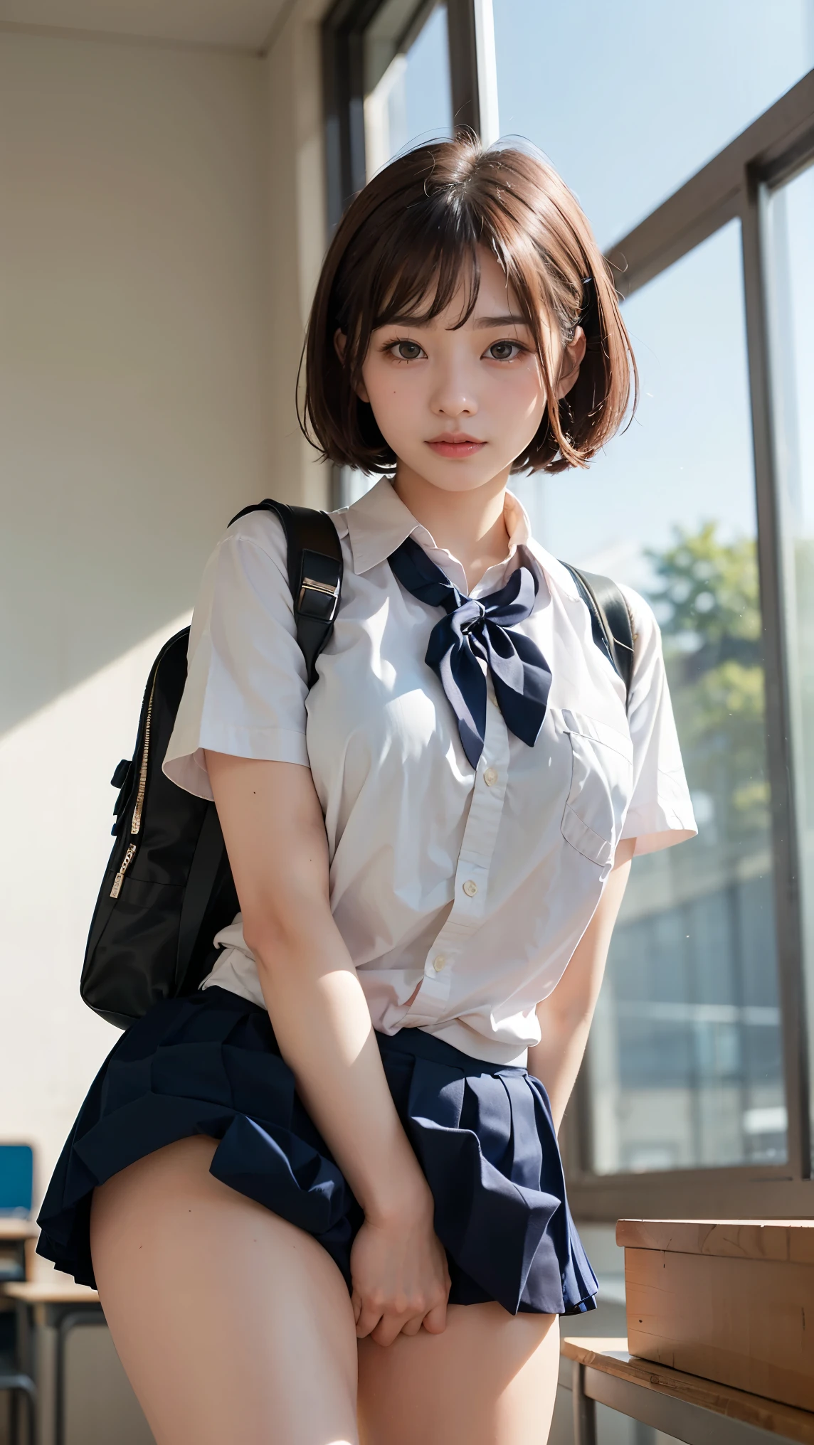 (Realistic:1.4), Highest quality, masterpiece, RAW32K Photo, (Very detailed美しい日本の***), (Very fine particles:1.2), (Baby Face),(Cute Face:1.2), Very detailed, Ultra-high resolution, (((Embarrassing)))、(school uniform:1.5), Detailed school girl, (Bright classroom 1.3、Moody light), Beautiful detailed girl, blonde、Cute Face, mini skirt,(thigh)、(She used both hands to pull up her skirt and show her pussy.、Show me your pussy)、((short hair))、big Breasts、big 、Gal、(((No panties、Showing Pussy)))Are standing、upright、Crotch gap