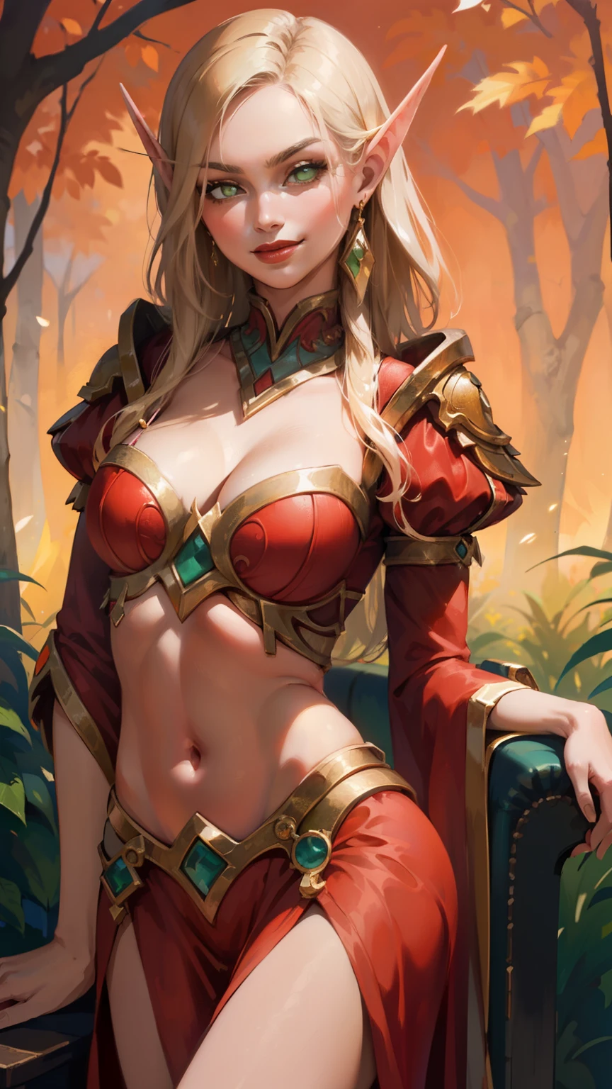 (8K, RAWphotograph, highest quality, masterpiece:1.2), High resolution, Super detailed, intricate details, disorganized, masterpiece, break , beautiful detailed woman, beautifully detailed mouth, highly detailed eyes and face, beautiful and fine eyes, 20 years old girl, (1girl, long hair, spiral eyes, smirk, lustful eyes, red lips, licking lips, Tounge out) (digital) (Looking at viewer) (sitting on chair), (Orange Forest background), (Glittering Dress)) (Red Dress), best quality, blonde hair, green eyes, red clothes, Sleeves, crop top, gold trim, Abdomen, navel, bloodelf