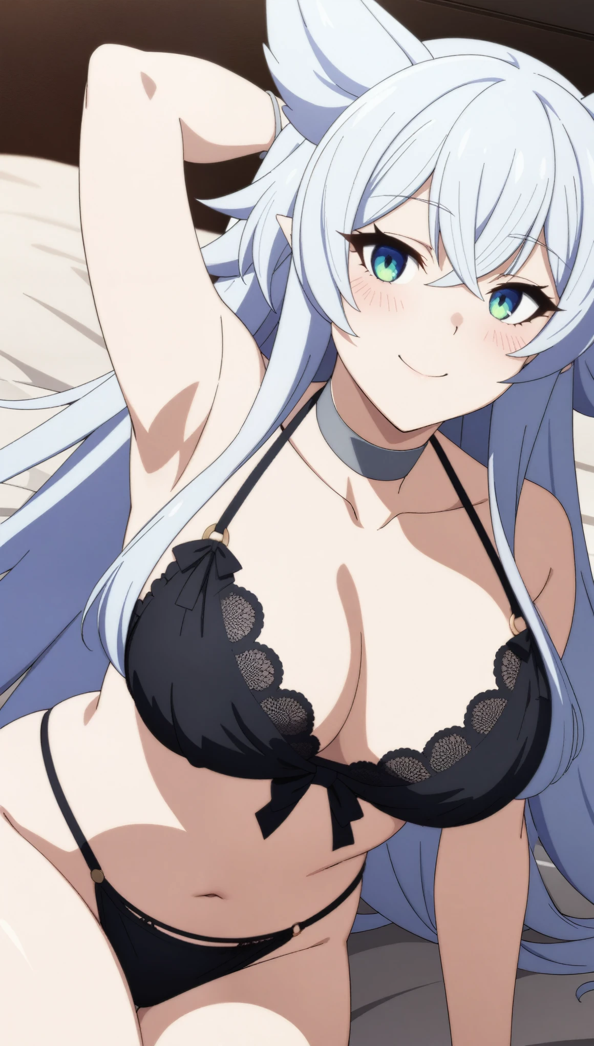 (masterpiece, best quality, very aesthetic, ultra detailed), intricate details, 1girl, fenrys, wolf girl, longhair, large , choker, collarbone, smile, laying on a bed wearing sexy lirie