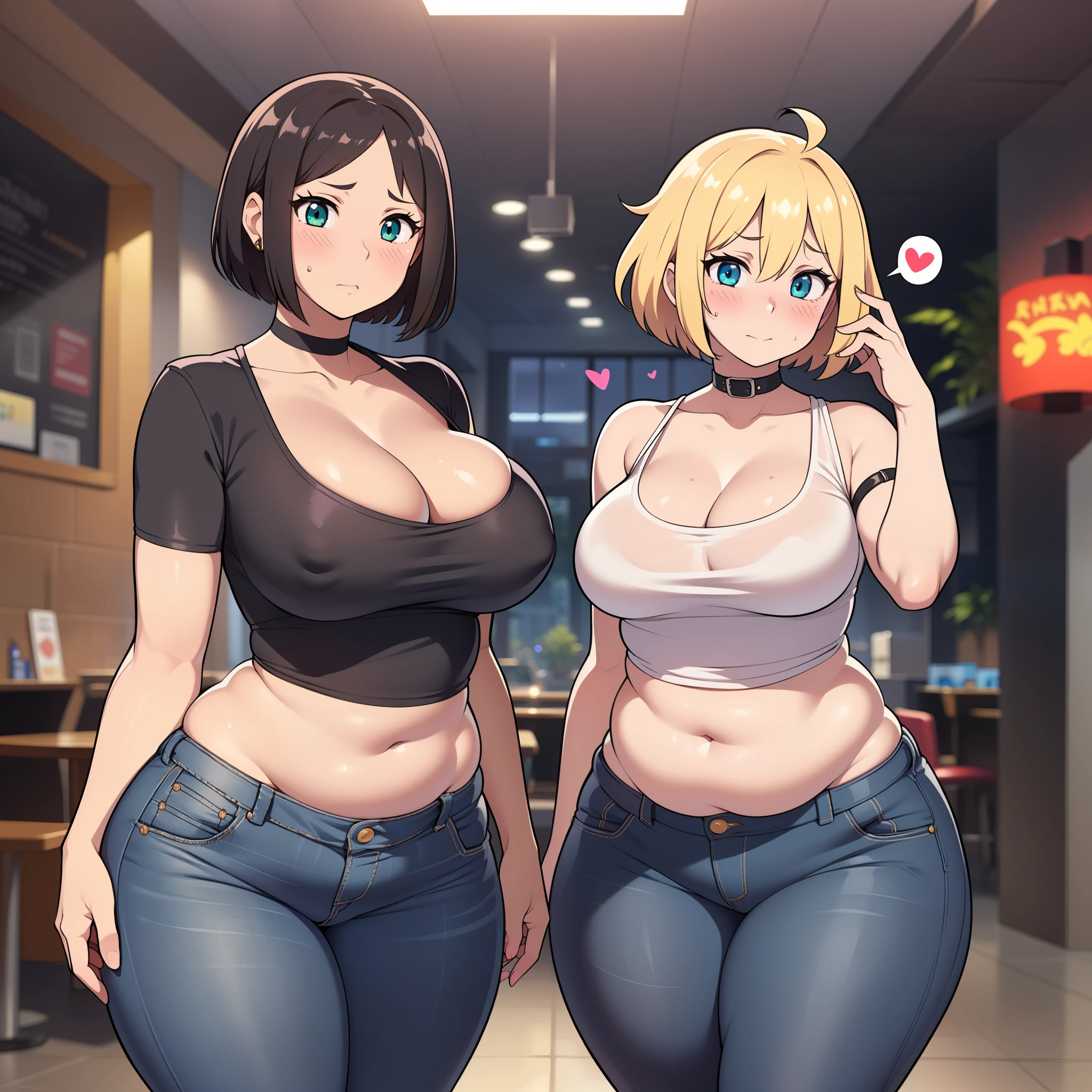((Masterpiece)), perfect anatomy, perfect shading, field of depth, (best quality), extremely delicate and beautiful, perfect lighting, detailed face, ultra cute face, cute, (cowboy shot 1.2), full body, (((2girls))), ((2 girls 1 and 2))
Girl 1: has long hair, fluffy hair, blonde hair, blue eyes, ((blush)), embarrassed (crop top 1.2), (jean shorts 1.2), chocker, extremely tight clothes, medium breasts, cleavage, perky breasts, ((wide hips)), (thick thighs), (chubby), pudgy belly, fat rolls, belly hang,
Girl 2: has short hair, fluffy hair, brown hair, green eyes, ((blush)), embarrassed, (white tank top 1.2), (jeans 1.2), chocker, extremely tight clothes, medium breasts, cleavage, perky breasts, (((wide hips))), ((thick thighs)), (plump), chubby belly, fat rolls, belly hang, she has a jiggly belly,
Fast food restaurant, intricate background, detailed background, girls are standing next to each other, (spoken heart),