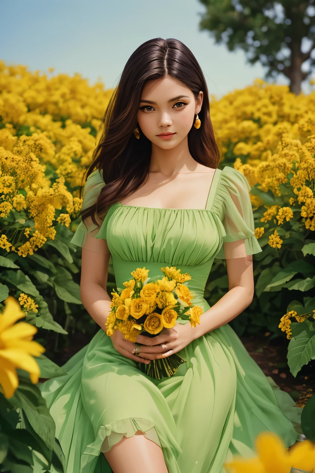 best quality, high resolution, realistic, detailed, a beautiful fashion model, green dress, posing, orange flowers, yellow flowers, Kodak disposable photography, 