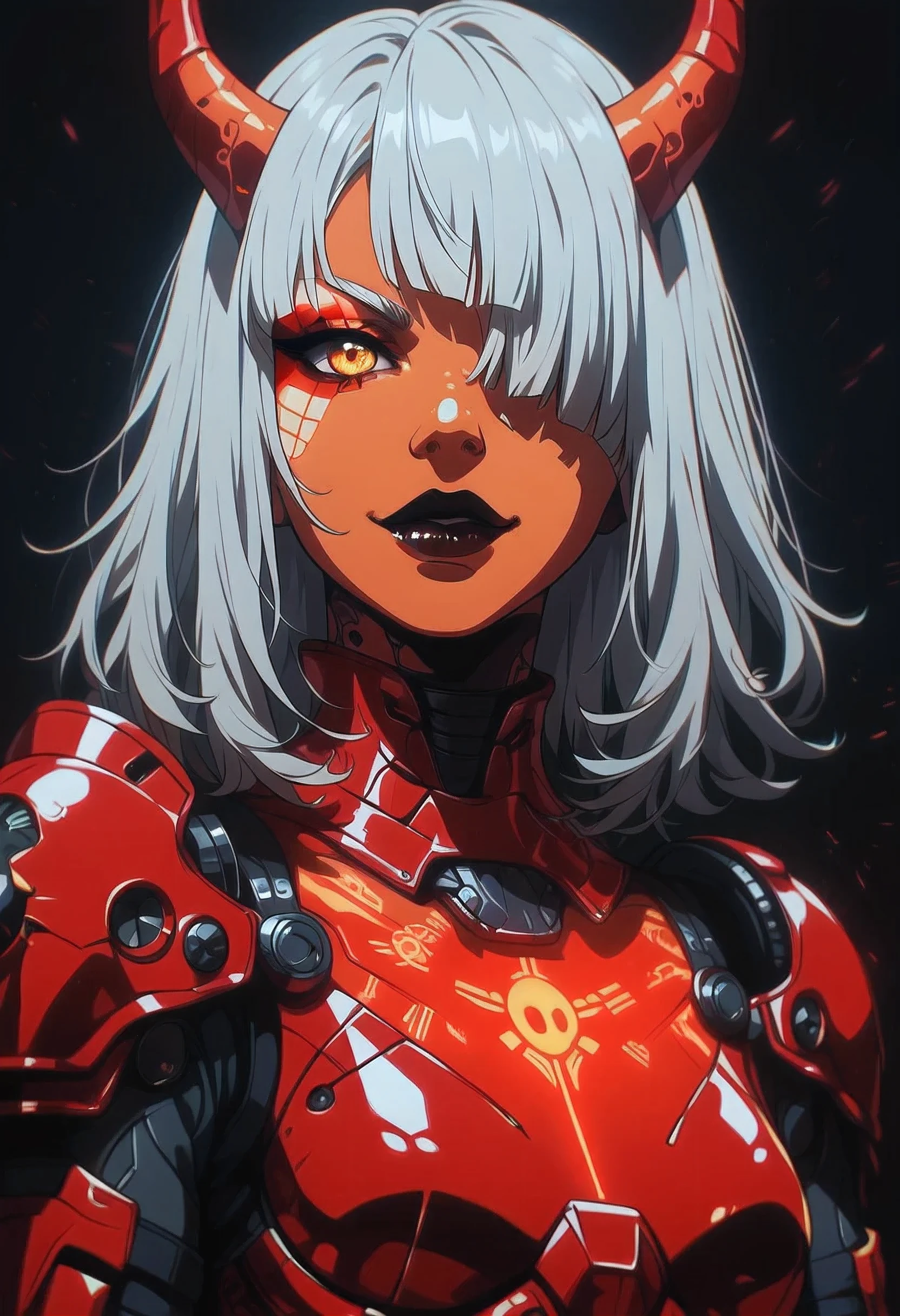 score_9, score_8_up, score_7_up, score_6_up, gundamwingcockpit, demon, horns, futuristic, scifi, red armor, small breasts, solo, medium hair, hair over one eye, gloves, white hair, amber eyes,  dutch angle, smirk, technology, glowing, neon, holographic display, sinozick style, orange skin, dark lips, close up, GLSHS, NEOST