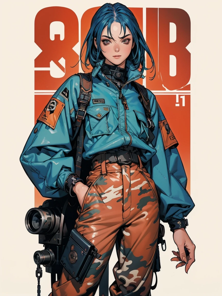 (best qualityer))), (((manga strokes))), (((blue hair with red highlights))), (((wide-leg trousers with desert military camouflage print))), uma Kizi jovem muito bem vestida com roupas modernas de inverno, pants with military camouflage pattern, top gift vertical stripes, short jacket with dark fur collar, beautiful and expressive face, slightly-smile, big eyes with long black eyelashes, heavy make-up, chains and zippers spread across clothes, contrasting colours, pose de atitude, hair with a modern and futuristic cut, urban game poster art, dramatic camera angles, graffiti art elements in the background, design mixing contemporary and retro by Shepard Fairey, (((cowboy shot))), (((best qualityer: 1.4))), (Unbeatable masterpiece), (hiper HD),(CG 8k hyper-realistic), Kizi, (((standing alone))), pirralha violent, (((14歳))), sexly, pose de atitude, work of art, post-apocalypse, (((manga style))), bounty hunter, violent, Manic, the way you want, slenderbody, thin but strong, perfectbody, roupa moderna, advanced technology, neon, sleeves with vertical striped pattern, neutral background, (( cowboy shot )). intricate visual