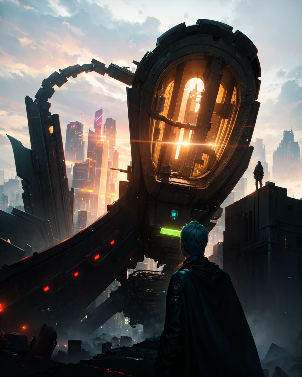 A lone hero walking through a futuristic city at night, with bright neon and advanced technology in the background."