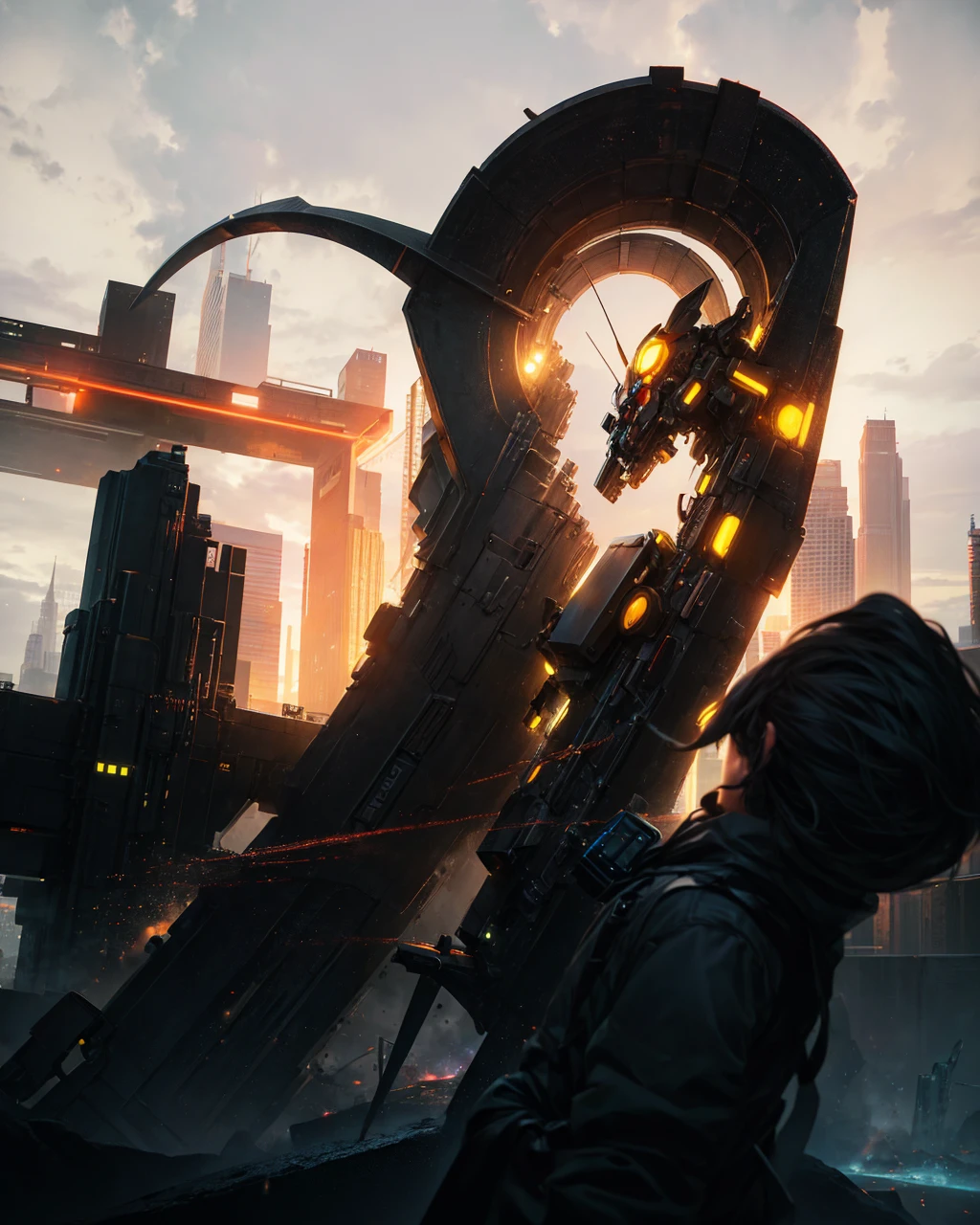 A lone hero walking through a futuristic city at night, with bright neon and advanced technology in the background."