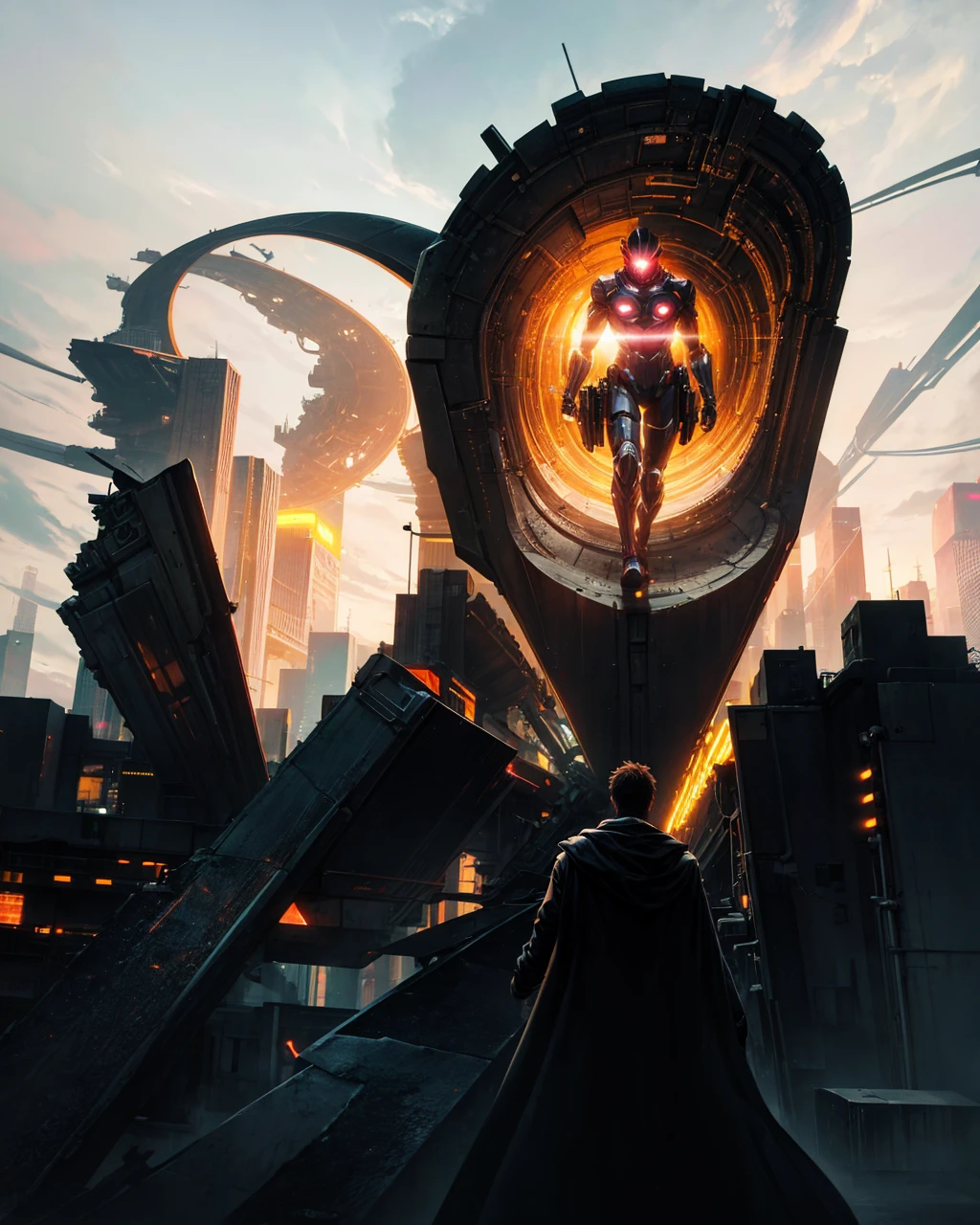 A lone hero walking through a futuristic city at night, with bright neon and advanced technology in the background."