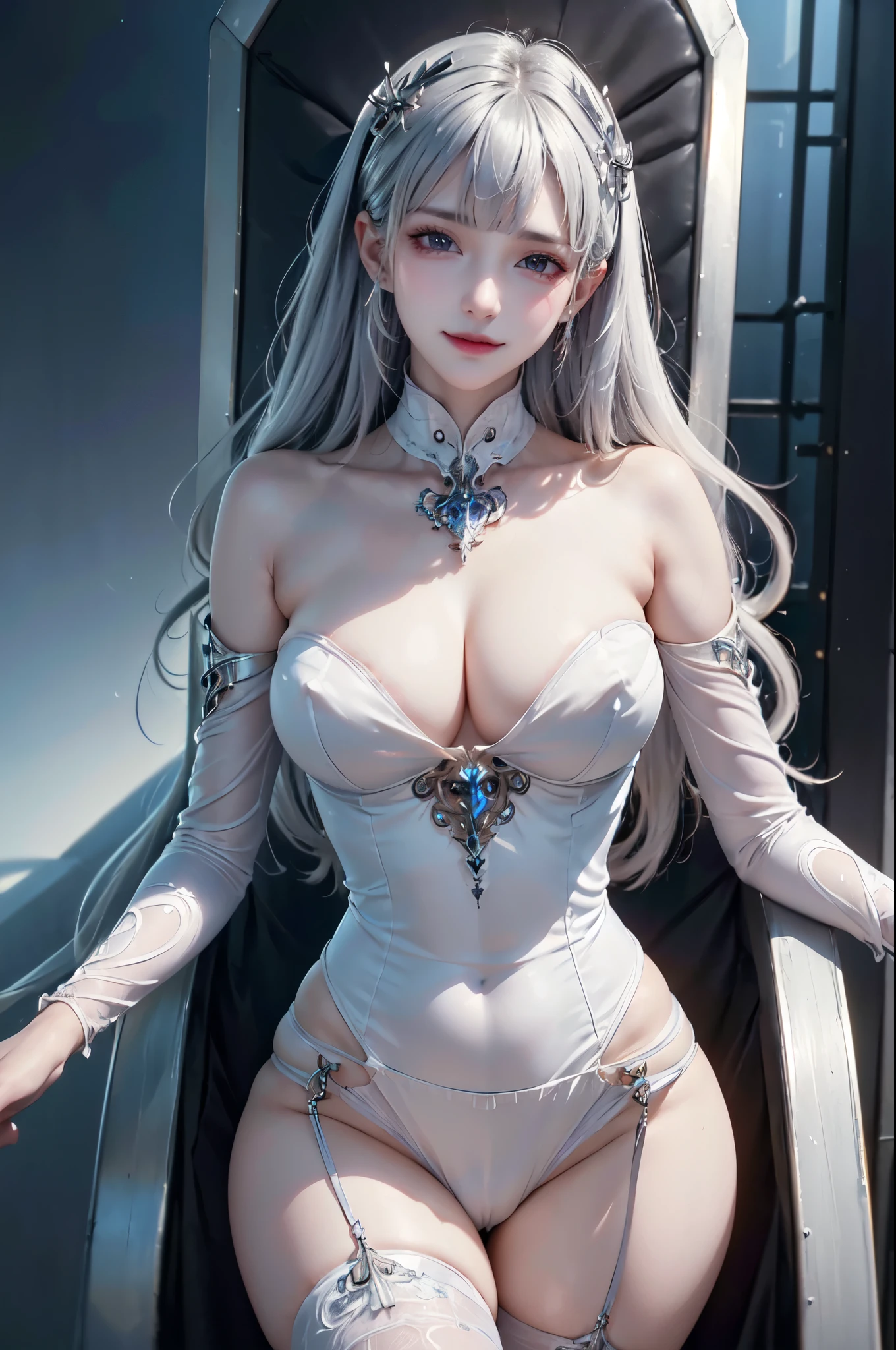 NSFW,((top quality、8k、masterpiece:1.3))Wears a silver-white mech，girl with delicate face，Highest image quality，Ultra-clear，Delicate and clear facial features，end of the world，Mechanical arm，Exquisitely detailed mechanical pattern,cyberpunk characters、numbercity、number、century、throne、