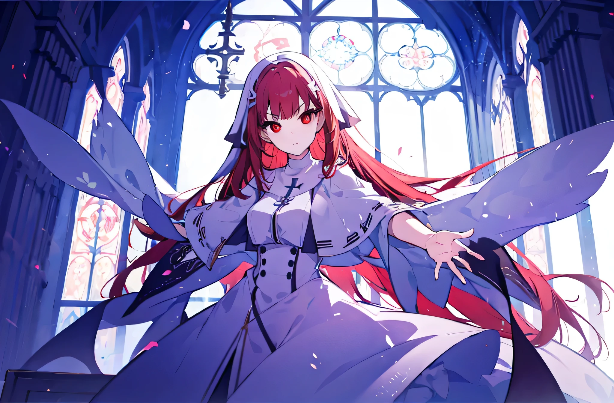 1girl, red hair, solo focus, clearly, red eyes, very long hair, stole, priest, Bishojo, church,dynamic angle,dynamic pose,