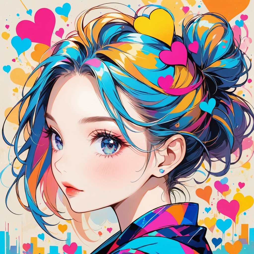 Mika Pikazo colorful style, Simple Line Initialism,Abstract art,Urban Background, (((The most beautiful girl of all time))), Sweet face. Lips in love, colorful hearts, stylish design