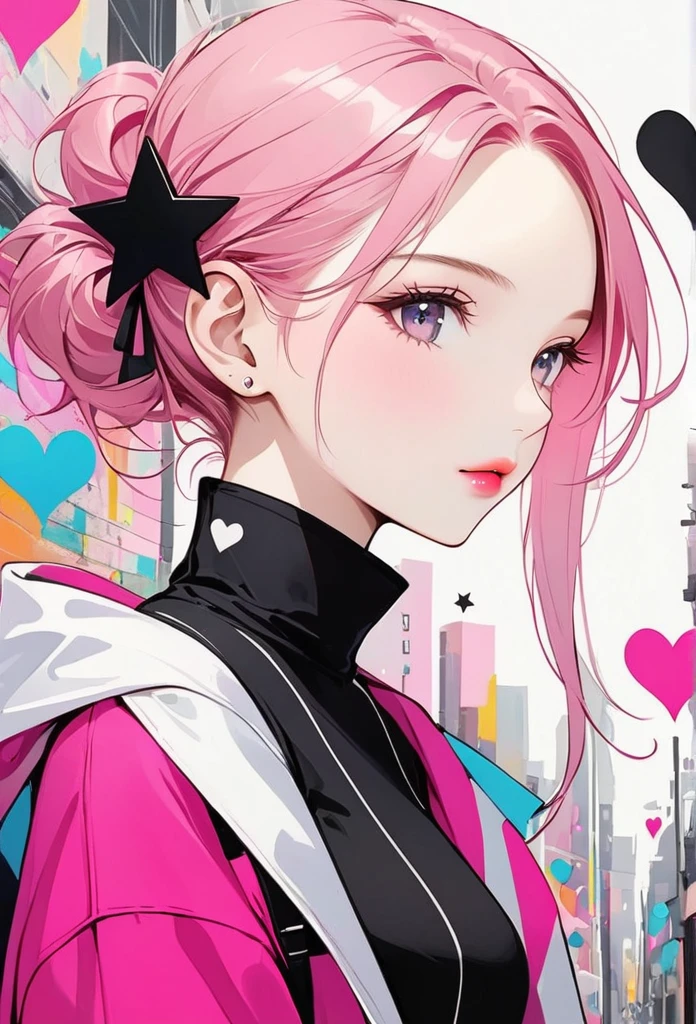 Black Star Pink and White style, Simple Line Initialism,Abstract art,Urban Background, (((The most beautiful girl of all time))), Sweet face. Lips in love, colorful hearts, stylish design