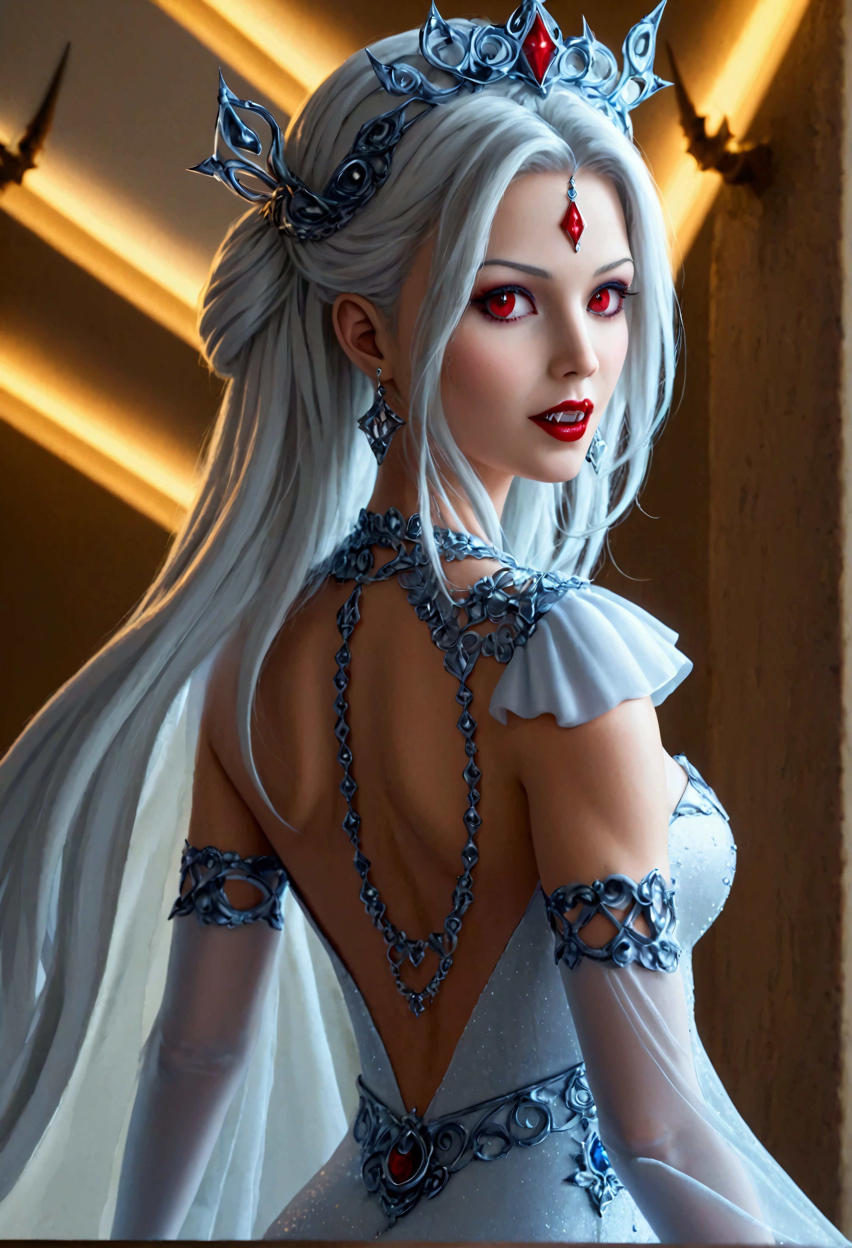 a glamour picture shot,  ((full body: 1.5) of an elite vampire model, walking on a (dark catwalk: 1.2), an extraordinary glamourous elite female vampire model, ((full body: 1.5)),  ((anatomically correct: 1.5), (ultra detailed face: 1.2), best detailed face, blond hair, long hair, lush hair, red eyes, delicate face, light make up, wearing intricate blue detailed dress, glamour dress, haute couture dress, elite fashion dress, white dress, decorated with diamonds,  small cleavage, wearing high heels, elegant high heels, she wears diamond necklace, elite fashion show background, vibrant, Hyperrealism style, vibrant, Ultra-high resolution, High Contrast, (masterpiece:1.5), highest quality, Best aesthetics), best details, best quality, highres, ultra wide angle, 16k, [ultra detailed], masterpiece, best quality, (extremely detailed) RAW, chumbasket art style, rpg portrait, photograph, BloodSoakedAI, vampire teeth