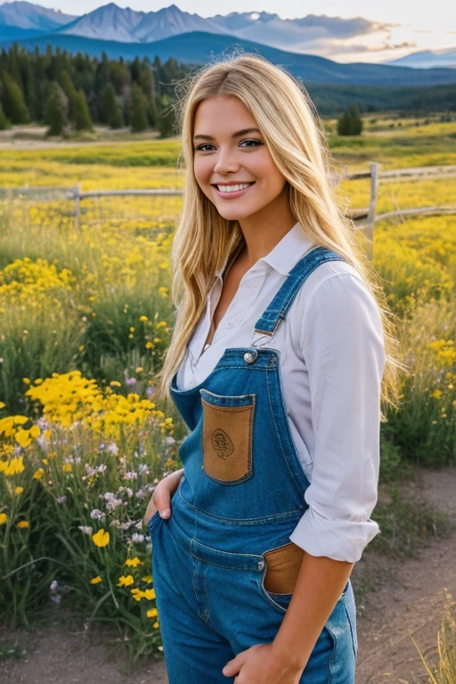close up photography, a western scene, A beautiful blonde woman smiling alone standing next to a divided fence in a flower-filled meadow in the Sawtooth Mountains in Idaho as the sun sets; wearing overalls without a shirt , sexy peasant, europea, 🤬 🤮 💕