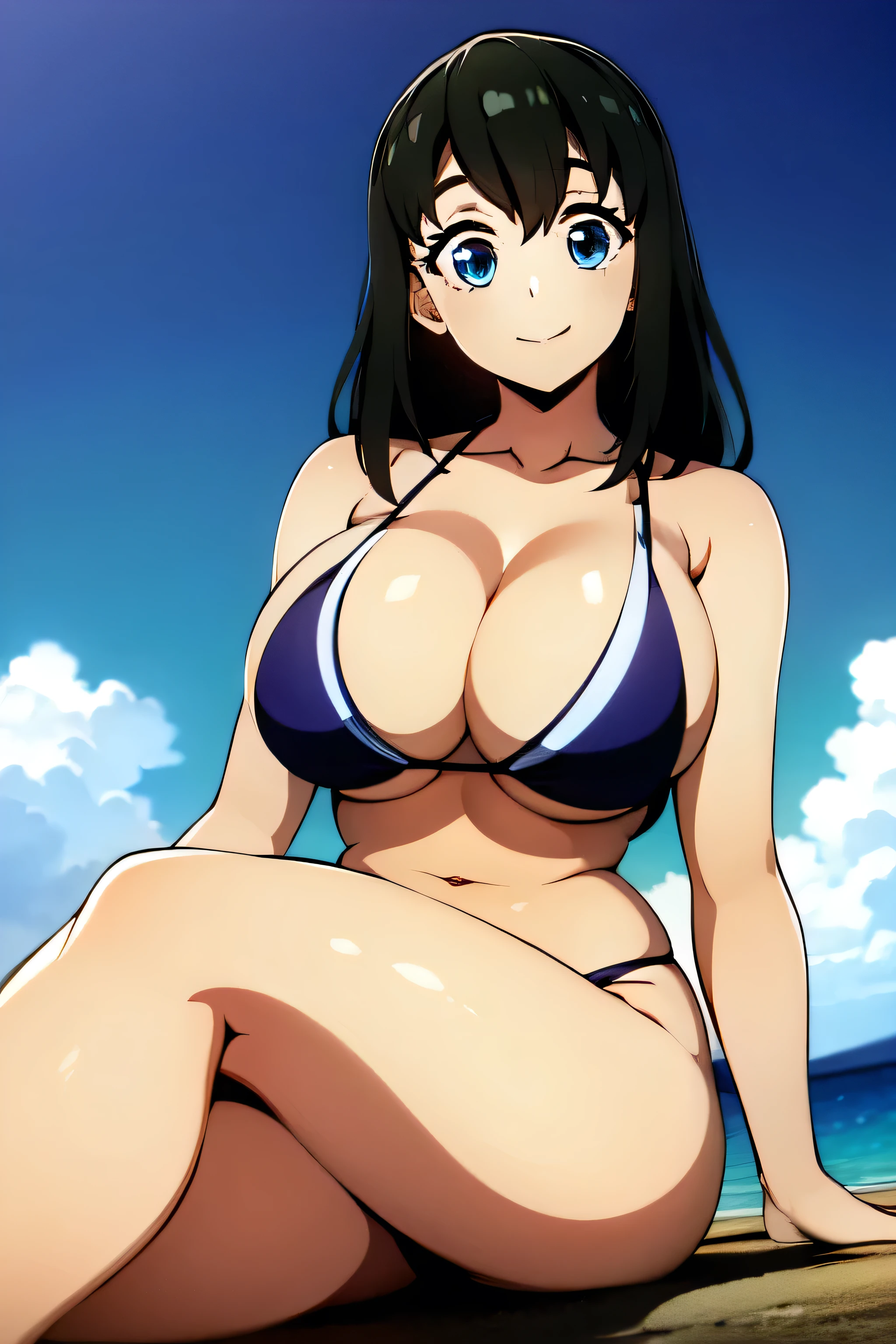 blue eyes, black hair, long hair, sleeveless, hair beetwen eyes, SUMAKNY, 1girl, solo, breasts, looking_at_viewer, smile, large_breasts, cleavage, bare_shoulders, collarbone, sitting, sitting on rock, legs crossed, thick thighs, thong underwear, from_below, breasts, large breasts, big breasts, huge breasts, big tits, giant breasts, small bikini, bikini, blue bikini, bare shoulders, bare arms, beach, ocean, underboob, island background