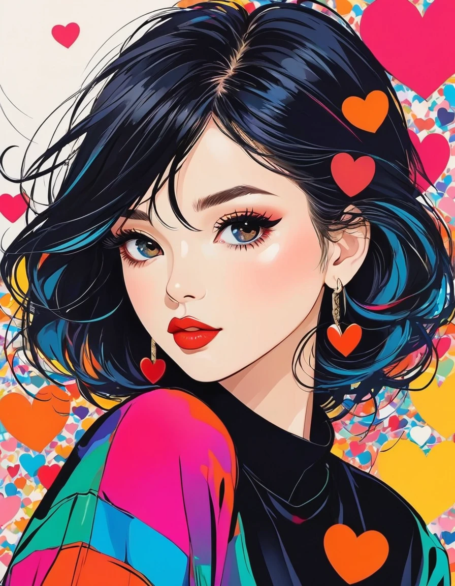 Mika Pikazo colorful style, Simple Line Initialism,Abstract art,Urban Background, (((The most beautiful girl of all time))), Sweet face. Lips in love, colorful hearts, stylish design, black eyes