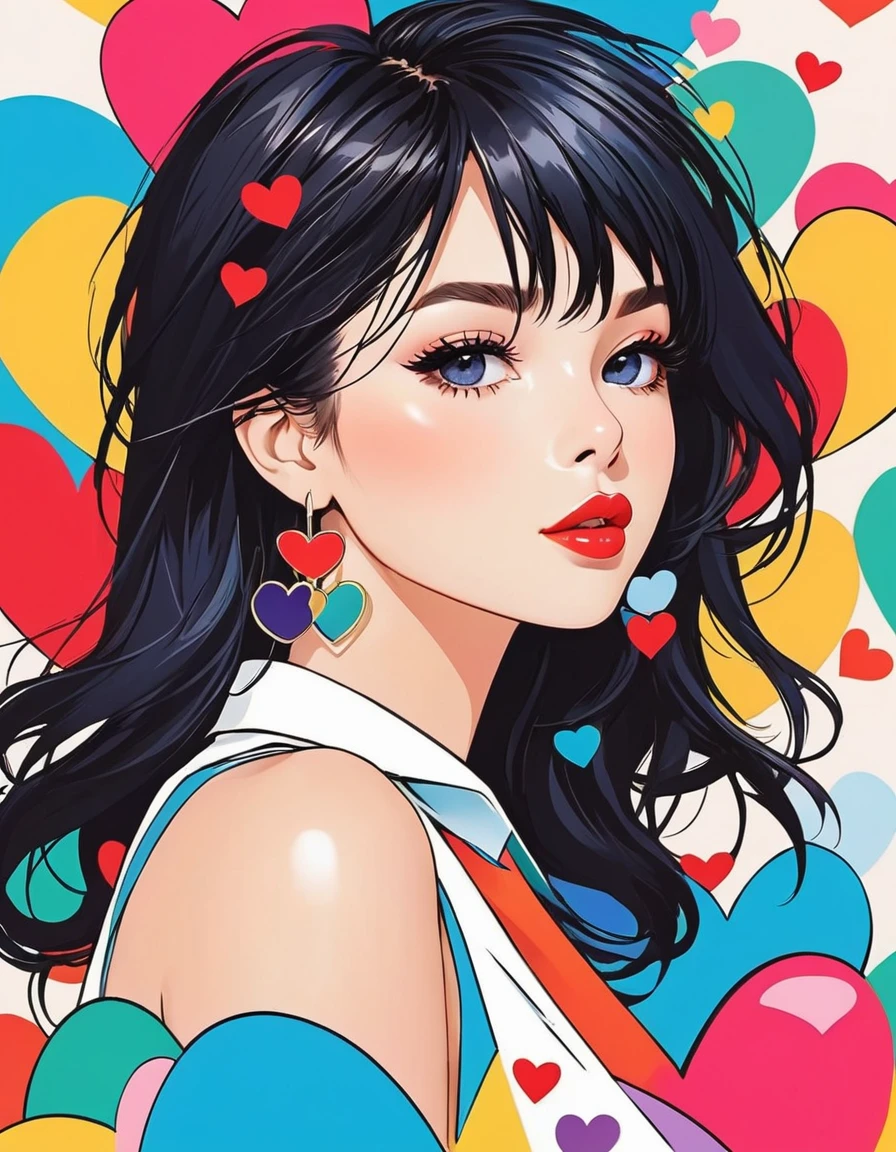 Mika Pikazo colorful style, Simple Line Initialism,Abstract art,Urban Background, (((The most beautiful girl of all time))), Sweet face. Lips in love, colorful hearts, stylish design, black eyes