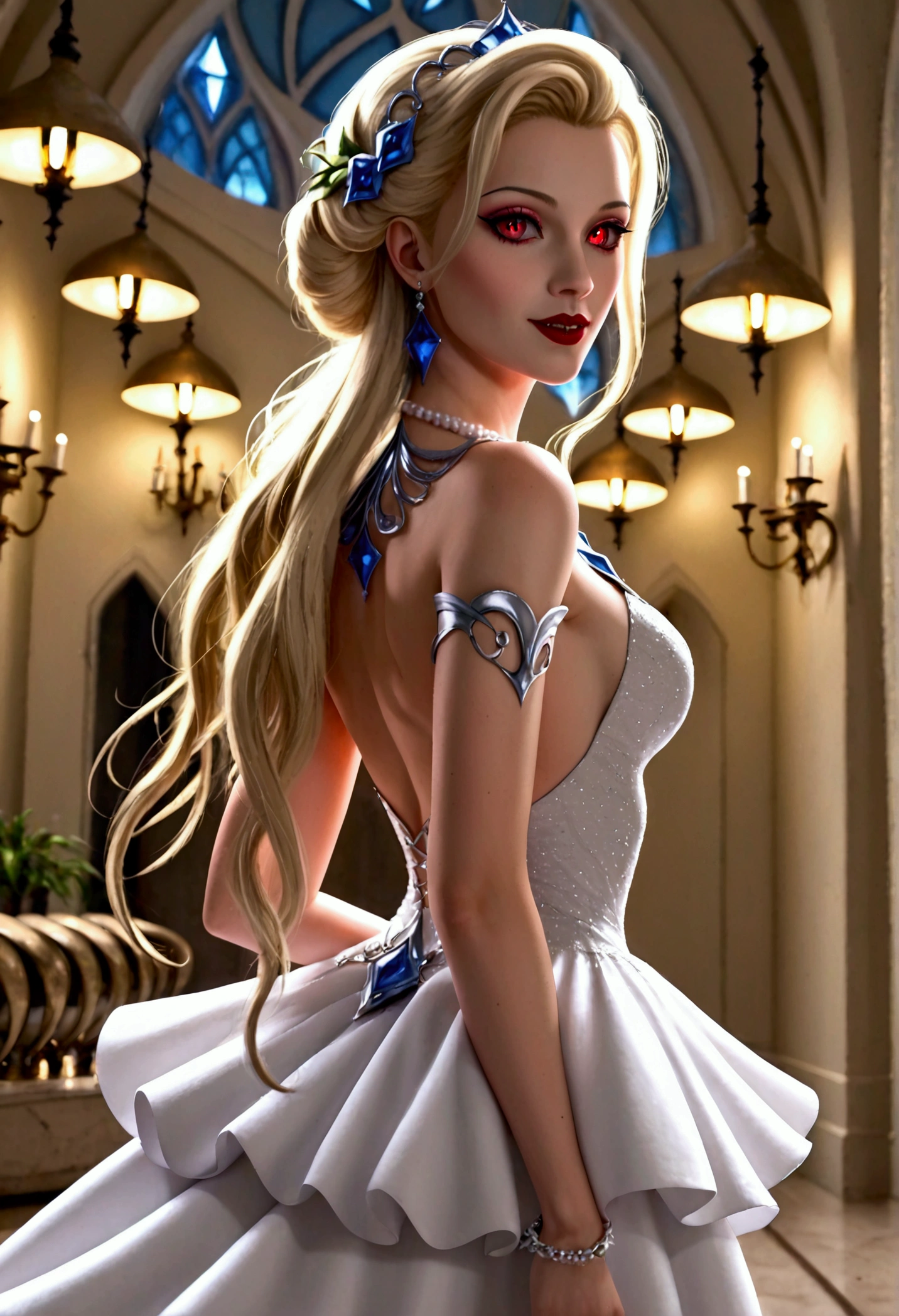 a glamour picture shot,  ((full body shot: 1.5) of an elite vampire model, walking on a (dark catwalk: 1.2), an extraordinary glamourous elite female vampire model, ((full body: 1.5)),  ((anatomically correct: 1.5), (ultra detailed face: 1.2), best detailed face, blond hair, long hair, lush hair, red eyes, delicate face, light make up, wearing intricate blue detailed dress, glamour dress, haute couture dress, elite fashion dress, white dress, decorated with diamonds,  small cleavage, wearing high heels, elegant high heels, she wears diamond necklace, elite fashion show background, vibrant, Hyperrealism style, vibrant, Ultra-high resolution, High Contrast, (masterpiece:1.5), highest quality, Best aesthetics), best details, best quality, highres, ultra wide angle, 16k, [ultra detailed], masterpiece, best quality, (extremely detailed) RAW, chumbasket art style, rpg portrait, photograph, BloodSoakedAI, vampire teeth