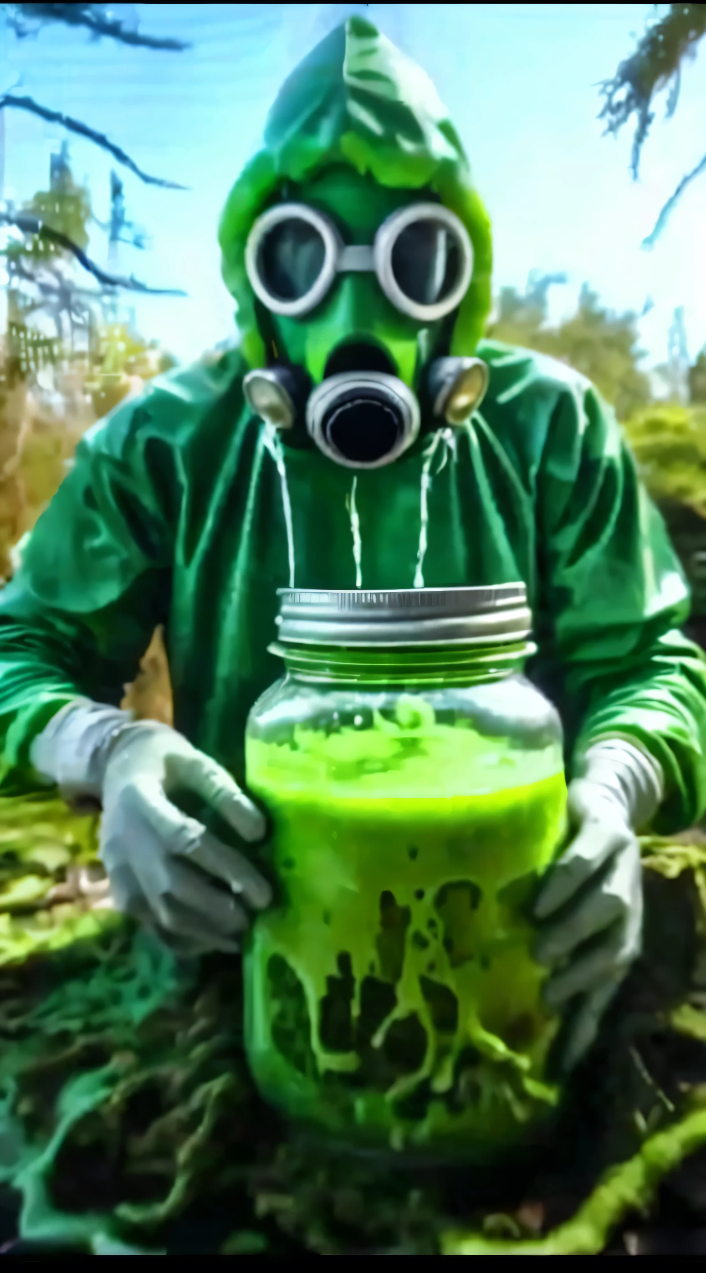 arafed man in a gas mask holding a jar of green liquid, green slime, industrial saliva ooze, full of greenish liquid, green slime everywhere, toxic slime, wearing a botanical gas mask, gelatinous green goop, reptilian slime, green slime dripping, radioactive swamp, covered in slime!!, alien goo, ooze