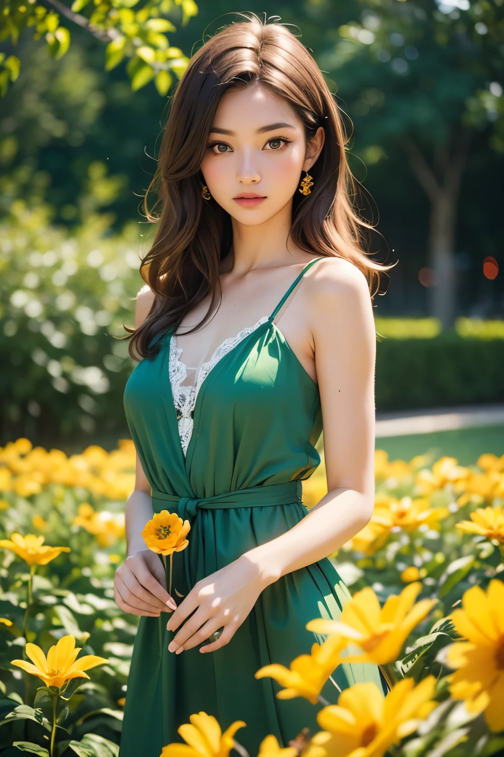 best quality, high resolution, realistic, detailed, a beautiful fashion model, green dress, posing, orange flowers, yellow flowers, Kodak disposable photography, 