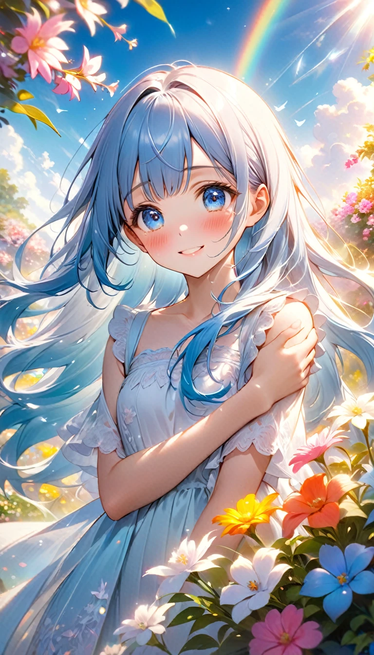 masterpiece, best quality, extremely detailed, (illustration, official art:1.1), 1 girl ,(((( light blue long hair)))), ,(((( light blue long hair)))),light blue hair, , long hair ((blush)) , cute face, big eyes, masterpiece, best quality,(((((a very delicate and beautiful girl))))),Amazing,beautiful detailed eyes,blunt bangs((((little delicate girl)))),tareme(true beautiful:1.2), sense of depth,dynamic angle,,,, affectionate smile, (true beautiful:1.2),,(tiny 1girl model:1.2),)(flat chest),exquisitedetails, Highest quality 8K resolution, Ultra-detailed, Realistic, Vibrant colors, Soft tones, With warm and gentle lighting,,(Deep Blue Eyes:1.3),Garden Girl,Smiling with tears in her eyes,With an overflowing soft and gentle feeling, Multiple Corner Turns,Visible emotions and specific emotions, I want to believe, Use illustrations,Long-haired beautiful girl fluttering in the wind,The promenade is full of flowers, Create colorful reflections.The sun's rays illuminate joy and pure love, Cast a warm golden glow on the girl's face. Their love is like a blessing from God, Free yourself from the hassles of this world. The atmosphere is full of happiness and laughter, It's like heaven、As if in praise of love. The artwork is、Create a combination of digital illustrations and photos, Sticking to ultra-detailed depictions and vivid colors. In a style that blends romanticism and realism、You can feel the depth of love. The color palette consists of soft pastel tones, Create an ethereal atmosphere like a dream. and the lighting is soft and diffused, Cast a gentle light on the face,、The warmth of the hug increases. The artwork is a masterpiece, Meticulously crafted to capture the essence of an unbreakable bond.