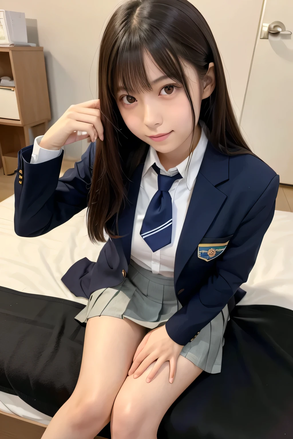 (Japanese cute girl), sexy 18 yo girl, (full body), (cutest face), thin breasts, slender thighs, straight hair, on a bed, (((school uniform))), 