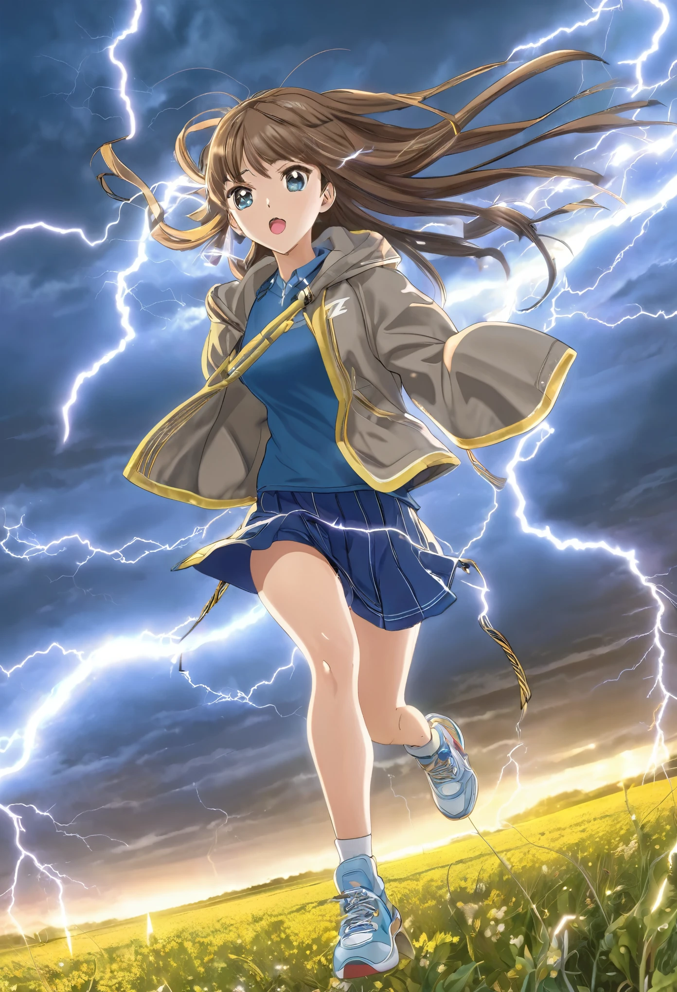 Light blue long hair、Twin-tailed Girl, Flowing hair and a stern face, Running on the sea、Splash、Splash Art、 She is wearing an oversized jacket, Casual T-shirts, and short skirt, Complement with sneakers. 空からはlightning、 A flash of light runs、Face Highlights、The girl is depicted in an action pose, Release your energy and sense of adventure, A gentle breeze blows through her hair. anime girl in a field with lightning in the sky, goddess of lightning, splashes of lightning behind her, with lightning, detailed lighting and thunder, she is attracting lightnings, lightning fantasy magic, japanese lightning goddess, anime lighting, Detailed digital anime art, lightning, volumetric lightning, lightning!!, with lightning bolts, epic lightning, Anime Epic Artwork