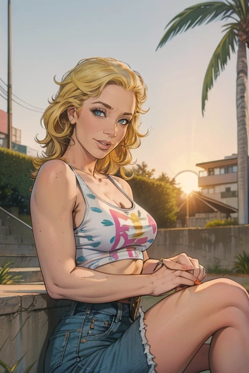 seductive 30 year old woman with short wavy blonde hair, hazel eyes, small breasts, model body, wearing a white tank top with a colorful print, hazel Bermuda shorts, posing sitting on a staircase with graffiti, upper body, concrete staircase background with graffiti in a skate park,palm trees,deep on field,dutch angle,afternoon light,evening,sunset,los angles