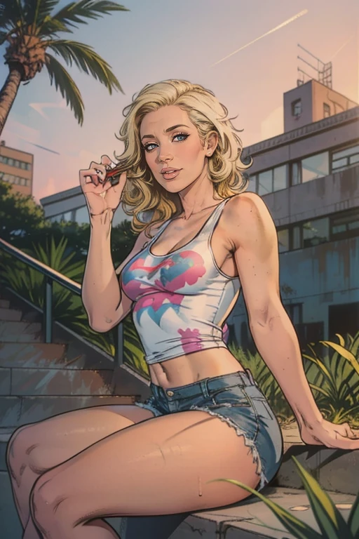 seductive 30 year old woman with short wavy blonde hair, hazel eyes, small breasts, model body, wearing a white tank top with a colorful print, hazel Bermuda shorts, posing sitting on a staircase with graffiti, upper body, concrete staircase background with graffiti in a skate park,palm trees,deep on field,dutch angle,afternoon light,evening,sunset,los angles