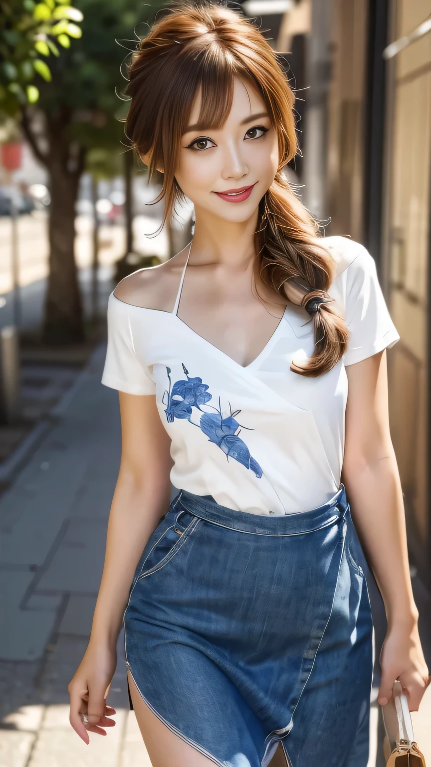 Highest quality, Super Fine, 16K, Showing from knees to head、Cowboy Shot、One Japanese woman、25 Talented Housewife、A beautiful and cute woman smiling gently, Off-the-shoulder T-shirt、long wrap skirt、Strap Pin Heel、After shopping、Walking towards here、The background is a neighborhood alley.、High resolution, smile, Open your mouth、Detailed eyes、Detailed face、Detailed painted face