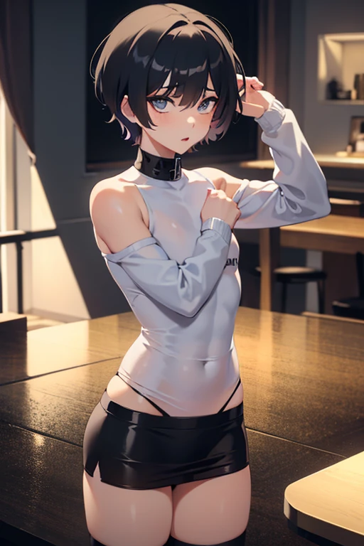 A femboy boy, young boy, sexy with mega short hair, wearing a short sweater, with thin black panties highlighting his penis, hot sexy pose, mic