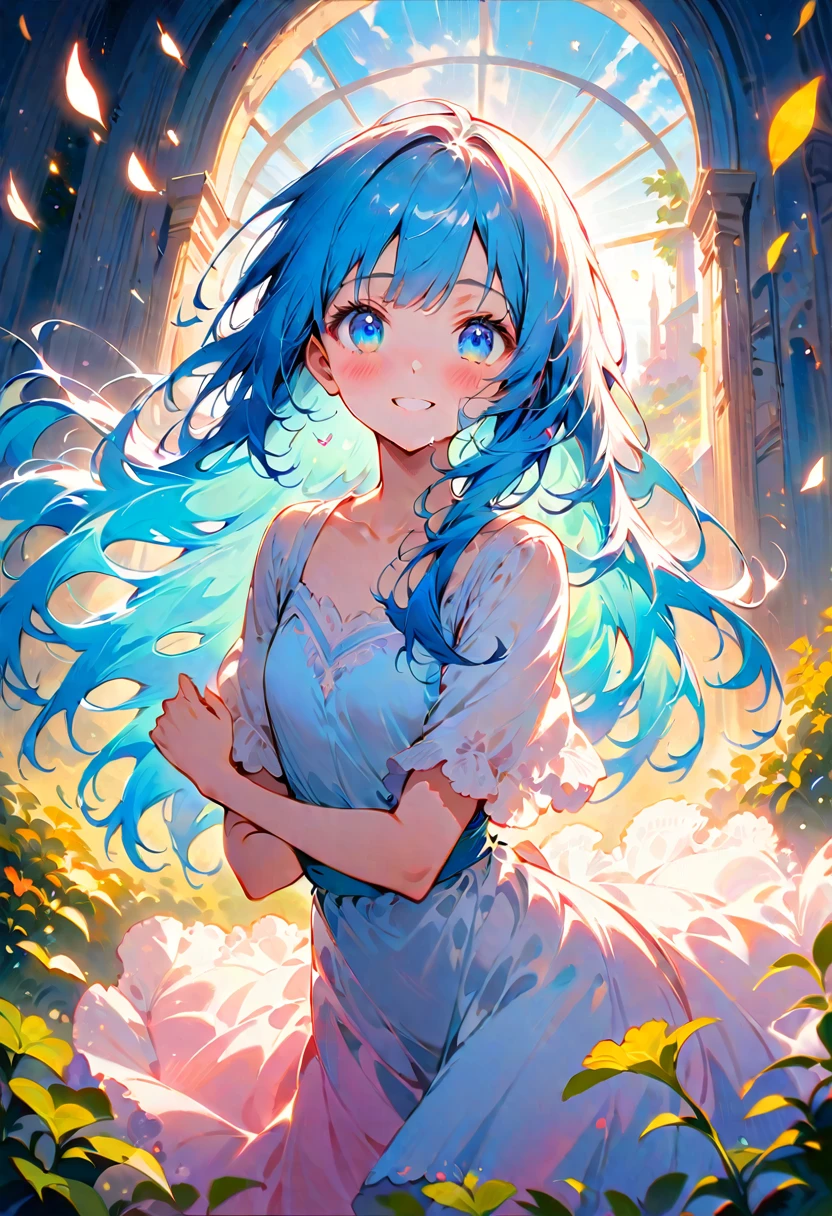 masterpiece, best quality, extremely detailed, (illustration, official art:1.1), 1 girl ,(((( light blue long hair)))), ,(((( light blue long hair)))),light blue hair, , long hair ((blush)) , cute face, big eyes, masterpiece, best quality,(((((a very delicate and beautiful girl))))),Amazing,beautiful detailed eyes,blunt bangs((((little delicate girl)))),tareme(true beautiful:1.2), sense of depth,dynamic angle,,,, affectionate smile, (true beautiful:1.2),,(tiny 1girl model:1.2),)(flat chest),exquisitedetails, Highest quality 8K resolution, Ultra-detailed, Realistic, Vibrant colors, Soft tones, With warm and gentle lighting,,(Deep Blue Eyes:1.3),Garden Girl,Smiling with tears in her eyes,With an overflowing soft and gentle feeling, Multiple Corner Turns,Visible emotions and specific emotions, I want to believe, Use illustrations,Long-haired beautiful girl fluttering in the wind,The promenade is full of flowers, Create colorful reflections.The sun's rays illuminate joy and pure love, Cast a warm golden glow on the girl's face. Their love is like a blessing from God, Free yourself from the hassles of this world. The atmosphere is full of happiness and laughter, It's like heaven、As if in praise of love. The artwork is、Create a combination of digital illustrations and photos, Sticking to ultra-detailed depictions and vivid colors. In a style that blends romanticism and realism、You can feel the depth of love. The color palette consists of soft pastel tones, Create an ethereal atmosphere like a dream. and the lighting is soft and diffused, Cast a gentle light on the face,、The warmth of the hug increases. The artwork is a masterpiece, Meticulously crafted to capture the essence of an unbreakable bond.head shot