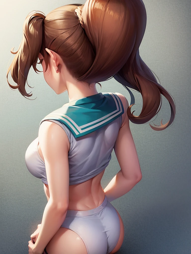 Sailor Jupiter、Brown Hair、ponytail、From the back、Beautiful breasts、In the middle of changing