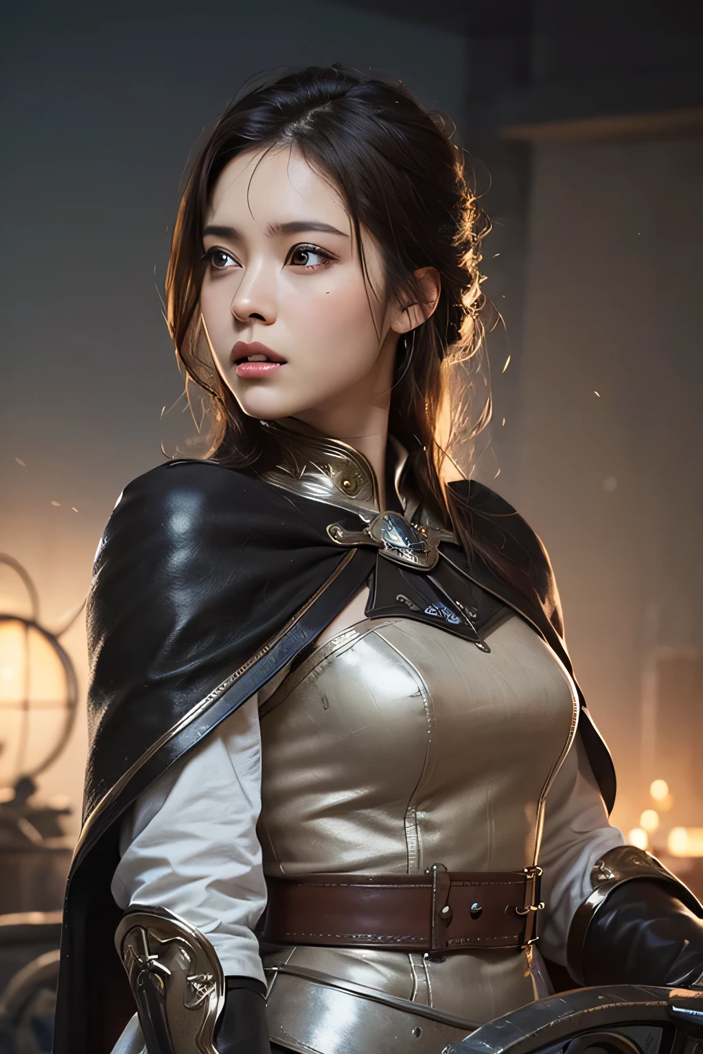 8k,A female adventurer from another world,so beautiful(Like the real thing),Adult woman in leather armor,Brown Hair,blue eyes,Carrying long objects, Large sword,Brown combat trousers,((A broken carriage behind:1.4))、Perfect Face,Perfect hand shape,charm,Volume measurement,Body balance,超High resolution,super Realistic skin,Digital single-lens reflex camera, Soft lighting, high quality, Highly detailed face, Highly detailed eyes, highly detailed skin, skin, Scattered beneath the surface of the water, Highly detailed face, Highly detailed eyes, Beautiful expression, lip, Detailed Background, Written boundary depth, Small breasts、Volumetric lighting, Sharp focus, Absurd, Realistic proportions, Excellent anatomy, (Realistic, 超Realistic:1.4), 16k hdr, dawn,Big Breasts,High resolution,super Realistic skin,super Beautiful expression,Fantasy art,Character Art,Dynamic pose,Compensate,Brown cloak,Carrying large luggage on your back,