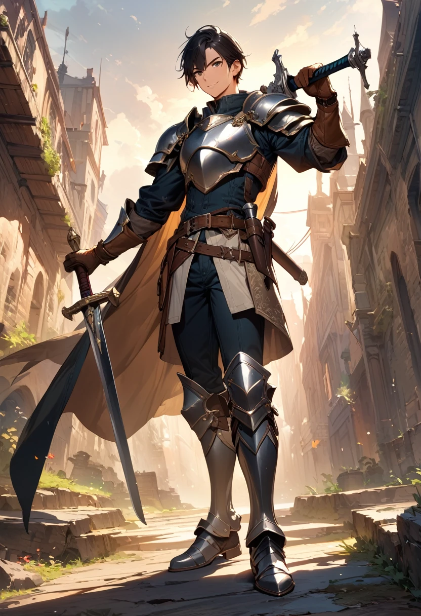 (masterpiece),(best quality),(ultra-detailed),(best illustration),(best shadow),(absurdres),(detailed background),(very aesthetic), weapon, 1boy, sword, male-focus, armor, solo, cape, black-hair, gloves, holding, brown-gloves, smile, belt, boots, holding-weapon, holding-sword, full-body, standing, greaves, armored-boots, shoulder-armor, sheath, breastplate, pauldrons, short-hair,