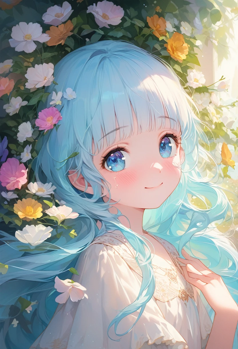 masterpiece, best quality, extremely detailed, (illustration, official art:1.1), 1 girl ,(((( light blue long hair)))), ,(((( light blue long hair)))),light blue hair, , long hair ((blush)) , cute face, big eyes, masterpiece, best quality,(((((a very delicate and beautiful girl))))),Amazing,beautiful detailed eyes,blunt bangs((((little delicate girl)))),tareme(true beautiful:1.2), sense of depth,dynamic angle,,,, affectionate smile, (true beautiful:1.2),,(tiny 1girl model:1.2),)(flat chest),exquisitedetails, Highest quality 8K resolution, Ultra-detailed, Realistic, Vibrant colors, Soft tones, With warm and gentle lighting,,(Deep Blue Eyes:1.3),Garden Girl,Smiling with tears in her eyes,With an overflowing soft and gentle feeling, Multiple Corner Turns,Visible emotions and specific emotions, I want to believe, Use illustrations,Long-haired beautiful girl fluttering in the wind,The promenade is full of flowers, Create colorful reflections.The sun's rays illuminate joy and pure love, Cast a warm golden glow on the girl's face. Their love is like a blessing from God, Free yourself from the hassles of this world. The atmosphere is full of happiness and laughter, It's like heaven、As if in praise of love. The artwork is、Create a combination of digital illustrations and photos, Sticking to ultra-detailed depictions and vivid colors. In a style that blends romanticism and realism、You can feel the depth of love. The color palette consists of soft pastel tones, Create an ethereal atmosphere like a dream. and the lighting is soft and diffused, Cast a gentle light on the face,、The warmth of the hug increases. The artwork is a masterpiece, Meticulously crafted to capture the essence of an unbreakable bond.head shot