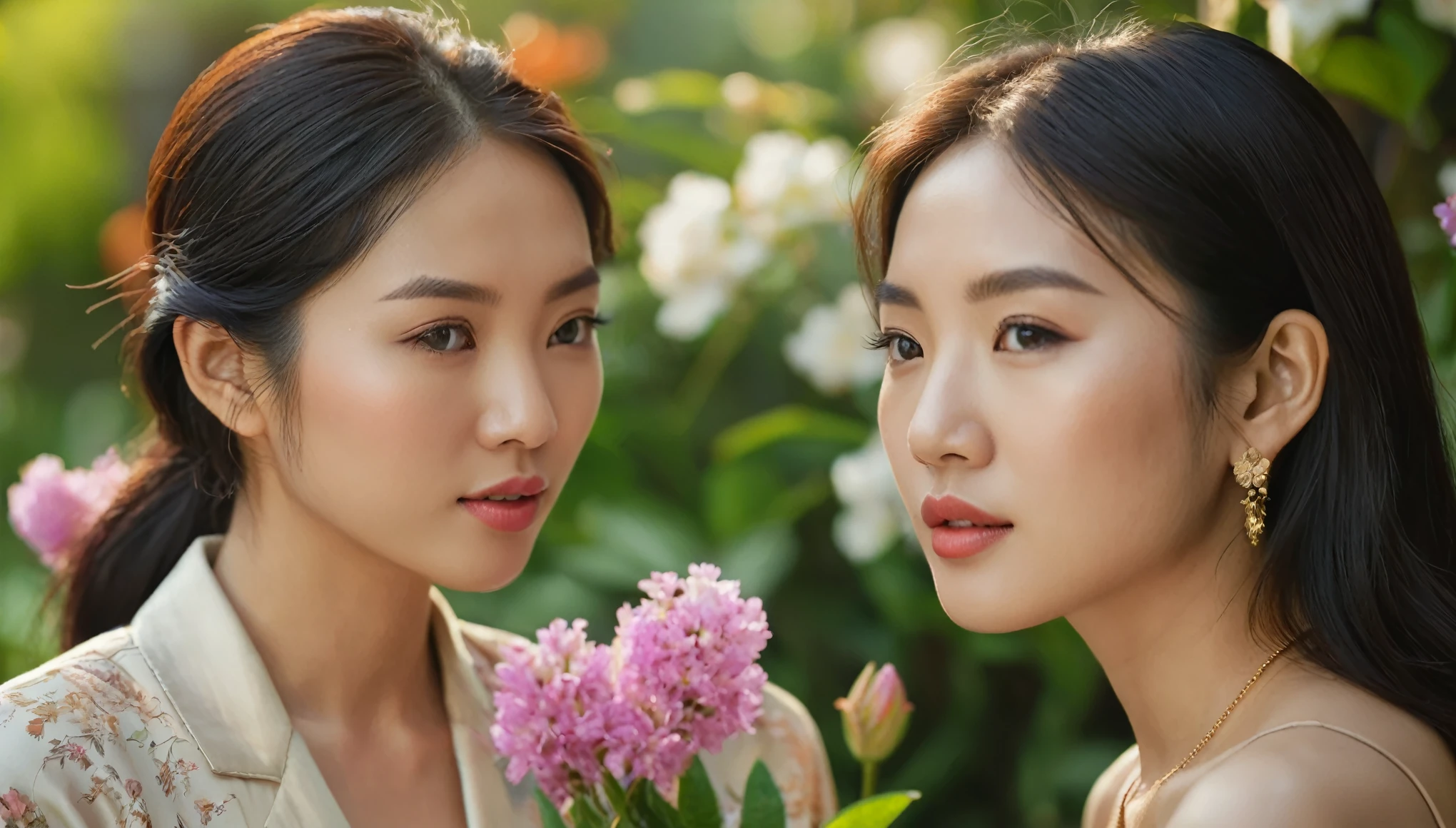 detailed portrait of two young asian women,talking,beautiful detailed eyes,beautiful detailed lips,extremely detailed face and skin,flawless skin,natural lighting,soft lighting,warm color palette,vibrant colors,natural setting,outdoor garden setting,blooming flowers,lush greenery,intricate background details,photorealistic,8k,highly detailed,masterpiece,cinematic composition,elegant poses,relaxed expressions,warm tones,soft focus,depth of field,realistic textures,premium quality