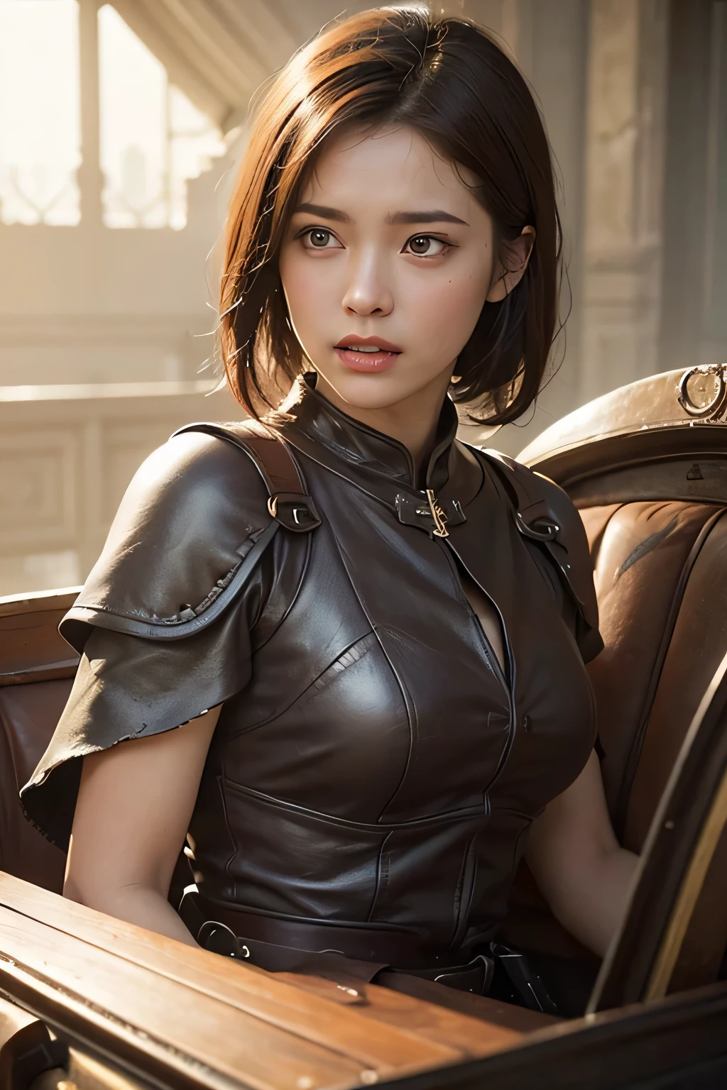 8k,A female adventurer from another world,so beautiful(Like the real thing),Adult woman in leather armor,Brown Hair,blue eyes,Carrying long objects, Large sword,Brown combat trousers,((A broken carriage behind:1.4))、Perfect Face,Perfect hand shape,charm,Volume measurement,Body balance,超High resolution,super Realistic skin,Digital single-lens reflex camera, Soft lighting, high quality, Highly detailed face, Highly detailed eyes, highly detailed skin, skin, Scattered beneath the surface of the water, Highly detailed face, Highly detailed eyes, Beautiful expression, lip, Detailed Background, Written boundary depth, Small breasts、Volumetric lighting, Sharp focus, Absurd, Realistic proportions, Excellent anatomy, (Realistic, 超Realistic:1.4), 16k hdr, dawn,Big Breasts,High resolution,super Realistic skin,super Beautiful expression,Fantasy art,Character Art,Dynamic pose,Compensate,Brown cloak,Carrying large luggage on your back,