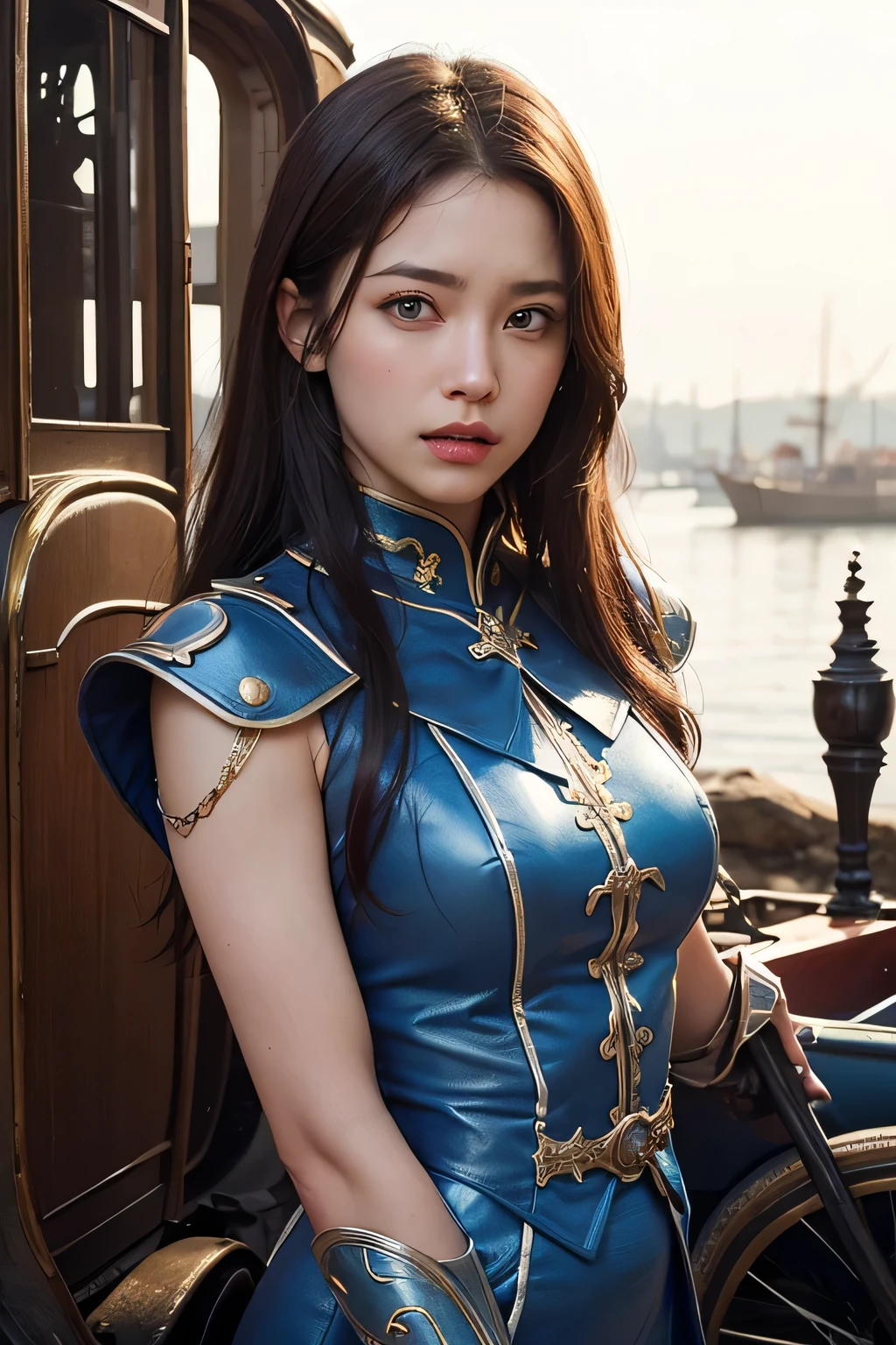 8k,A female adventurer from another world,so beautiful(Like the real thing),Adult woman in leather armor,Brown Hair,blue eyes,Carrying long objects, Large sword,Brown combat trousers,((A broken carriage behind:1.4))、Perfect Face,Perfect hand shape,charm,Volume measurement,Body balance,超High resolution,super Realistic skin,Digital single-lens reflex camera, Soft lighting, high quality, Highly detailed face, Highly detailed eyes, highly detailed skin, skin, Scattered beneath the surface of the water, Highly detailed face, Highly detailed eyes, Beautiful expression, lip, Detailed Background, Written boundary depth, Small breasts、Volumetric lighting, Sharp focus, Absurd, Realistic proportions, Excellent anatomy, (Realistic, 超Realistic:1.4), 16k hdr, dawn,Big Breasts,High resolution,super Realistic skin,super Beautiful expression,Fantasy art,Character Art,Dynamic pose,Compensate,Brown cloak,Carrying large luggage on your back,
