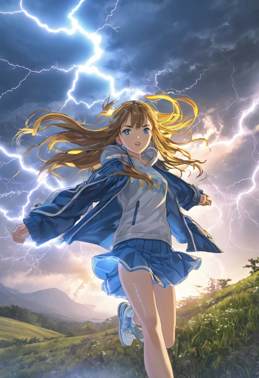 Light blue long hair、Twin-tailed Girl, Flowing hair and a stern face, Running through the forest、A white Western-style castle in the background、Splash Art、She is wearing an oversized jacket, Casual T-shirts, and short skirt, Complement with sneakers. 空からはlightning、 A flash of light runs、Face Highlights、The girl is depicted in an action pose, Release your energy and sense of adventure, A gentle breeze blows through her hair. anime girl in a field with lightning in the sky, goddess of lightning, splashes of lightning behind her, with lightning, detailed lighting and thunder, she is attracting lightnings, lightning fantasy magic, japanese lightning goddess, anime lighting, Detailed digital anime art, lightning, volumetric lightning, lightning!!, with lightning bolts, epic lightning, Anime Epic Artwork