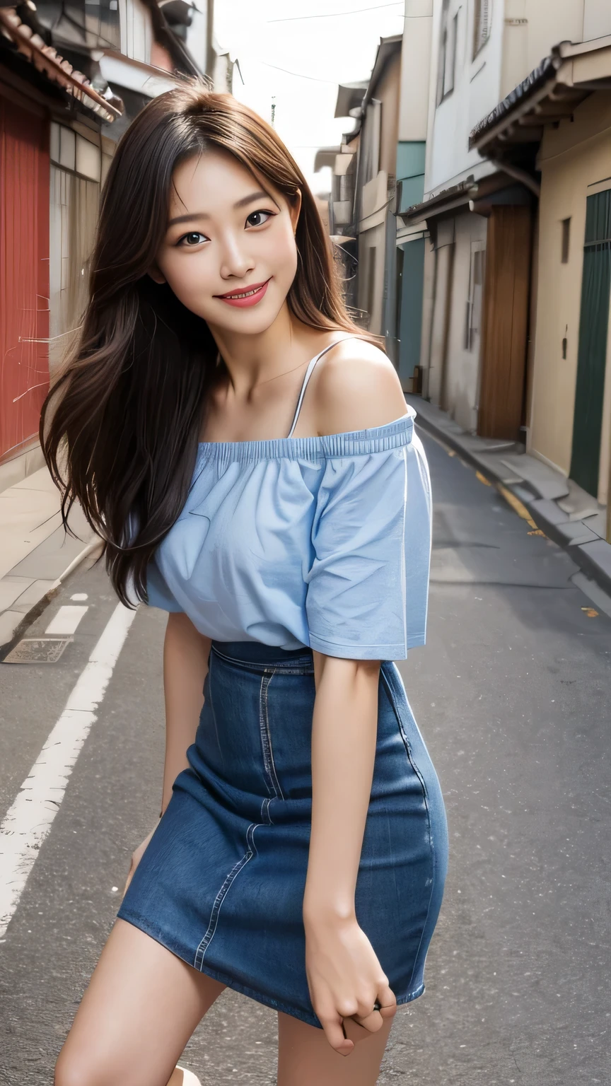 Highest quality, Super Fine, 16K, Showing from knees to head、Cowboy Shot、One Japanese woman、25 Talented Housewife、A beautiful and cute woman smiling gently, Off-the-shoulder T-shirt、Maxi length wrap skirt、Strap Pin Heel、After shopping、Walking towards here、The background is a neighborhood alley.、High resolution, smile, Open your mouth、Detailed eyes、Detailed face、Detailed painted face