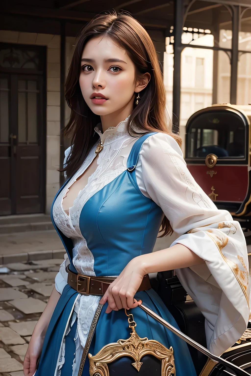 8k,A female adventurer from another world,so beautiful(Like the real thing),Adult woman in leather armor,Brown Hair,blue eyes,Carrying long objects, Large sword,Brown combat trousers,((A broken carriage behind:1.4))、Perfect Face,Perfect hand shape,charm,Volume measurement,Body balance,超High resolution,super Realistic skin,Digital single-lens reflex camera, Soft lighting, high quality, Highly detailed face, Highly detailed eyes, highly detailed skin, skin, Scattered beneath the surface of the water, Highly detailed face, Highly detailed eyes, Beautiful expression, lip, Detailed Background, Written boundary depth, Small breasts、Volumetric lighting, Sharp focus, Absurd, Realistic proportions, Excellent anatomy, (Realistic, 超Realistic:1.4), 16k hdr, dawn,Big Breasts,High resolution,super Realistic skin,super Beautiful expression,Fantasy art,Character Art,Dynamic pose,Compensate,Brown cloak,Carrying large luggage on your back,