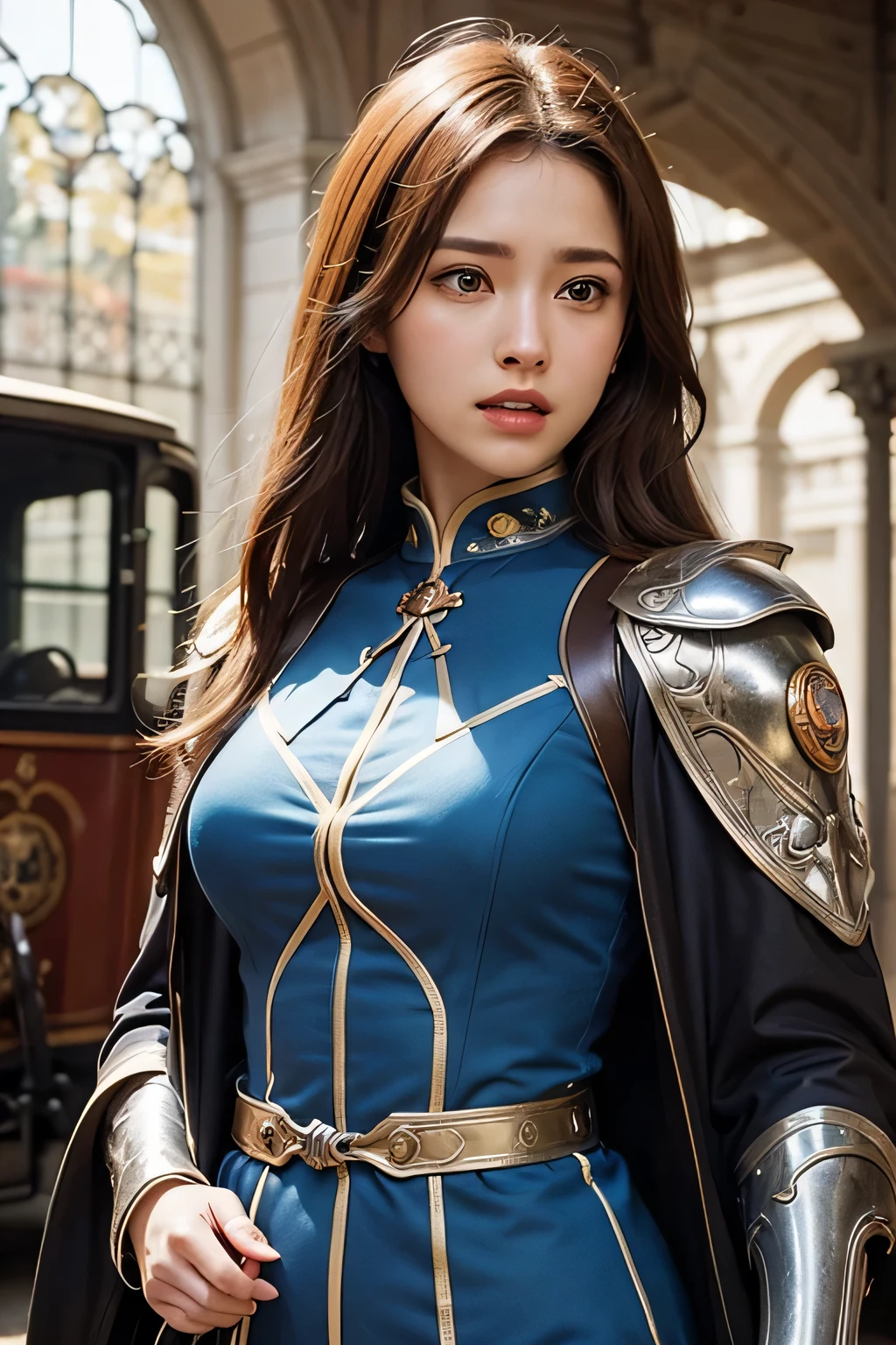 8k,A female adventurer from another world,so beautiful(Like the real thing),Adult woman in leather armor,Brown Hair,blue eyes,Carrying long objects, Large sword,Brown combat trousers,((A broken carriage behind:1.4))、Perfect Face,Perfect hand shape,charm,Volume measurement,Body balance,超High resolution,super Realistic skin,Digital single-lens reflex camera, Soft lighting, high quality, Highly detailed face, Highly detailed eyes, highly detailed skin, skin, Scattered beneath the surface of the water, Highly detailed face, Highly detailed eyes, Beautiful expression, lip, Detailed Background, Written boundary depth, Small breasts、Volumetric lighting, Sharp focus, Absurd, Realistic proportions, Excellent anatomy, (Realistic, 超Realistic:1.4), 16k hdr, dawn,Big Breasts,High resolution,super Realistic skin,super Beautiful expression,Fantasy art,Character Art,Dynamic pose,Compensate,Brown cloak,Carrying large luggage on your back,