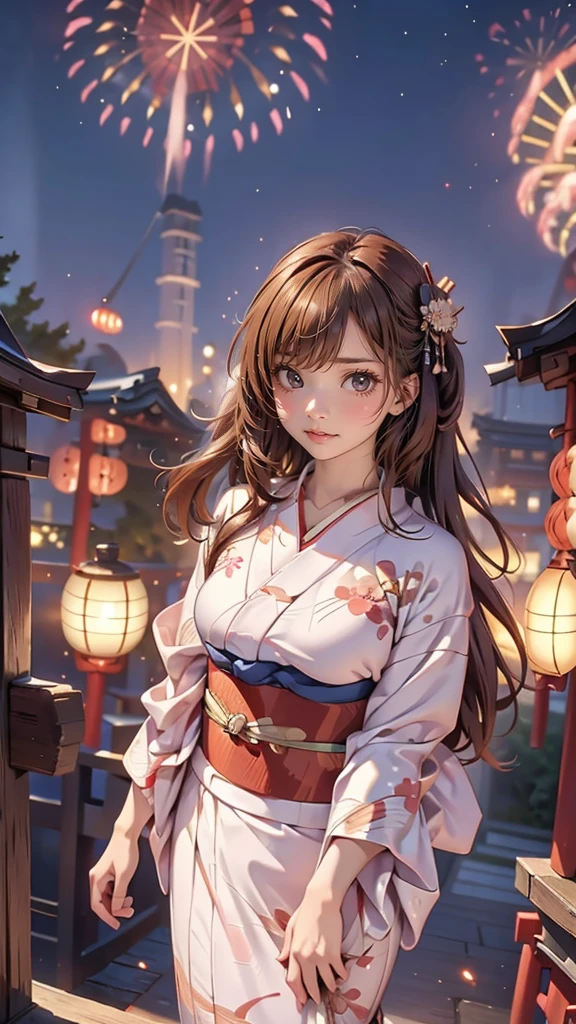 ((looking up at the fireworks:1.5)),((1girl:1.5),curvy,,beautiful breasts,large breasts,pale skin,(erect nipples)),((long hair),(thin hair:1.8),(straight hair:1.5),(Swept bangs:1.5),(extra light coppery amber hair:1.5),(hair over one eye:1.2)),((realistic),8k,ultra HD,high resolution,best quality,masterpiece,(Sense of presence:1.5),(Dynamic:1.5),(bold:1.5)),((clothed:1.5),(japanese yukata:1.5))