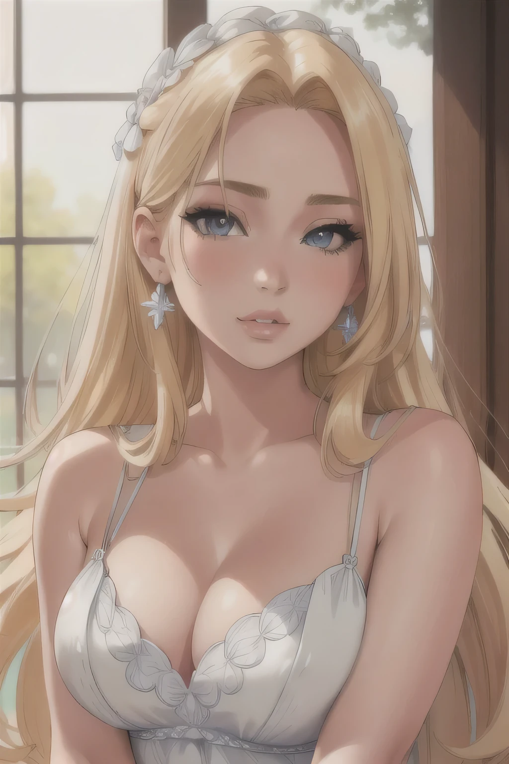 stunning blonde hair, beautiful detailed eyes, beautiful detailed lips, extremely detailed face, intricate hairstyle, detailed hair strands, Flowing long hair, flawless skin, porcelain skin, delicate facial features, sundress, graceful pose, soft lighting, natural lighting, warm color palette, (best quality,4k,8k,highres,masterpiece:1.2),ultra-detailed,(realistic,photorealistic,photo-realistic:1.37),high quality portrait